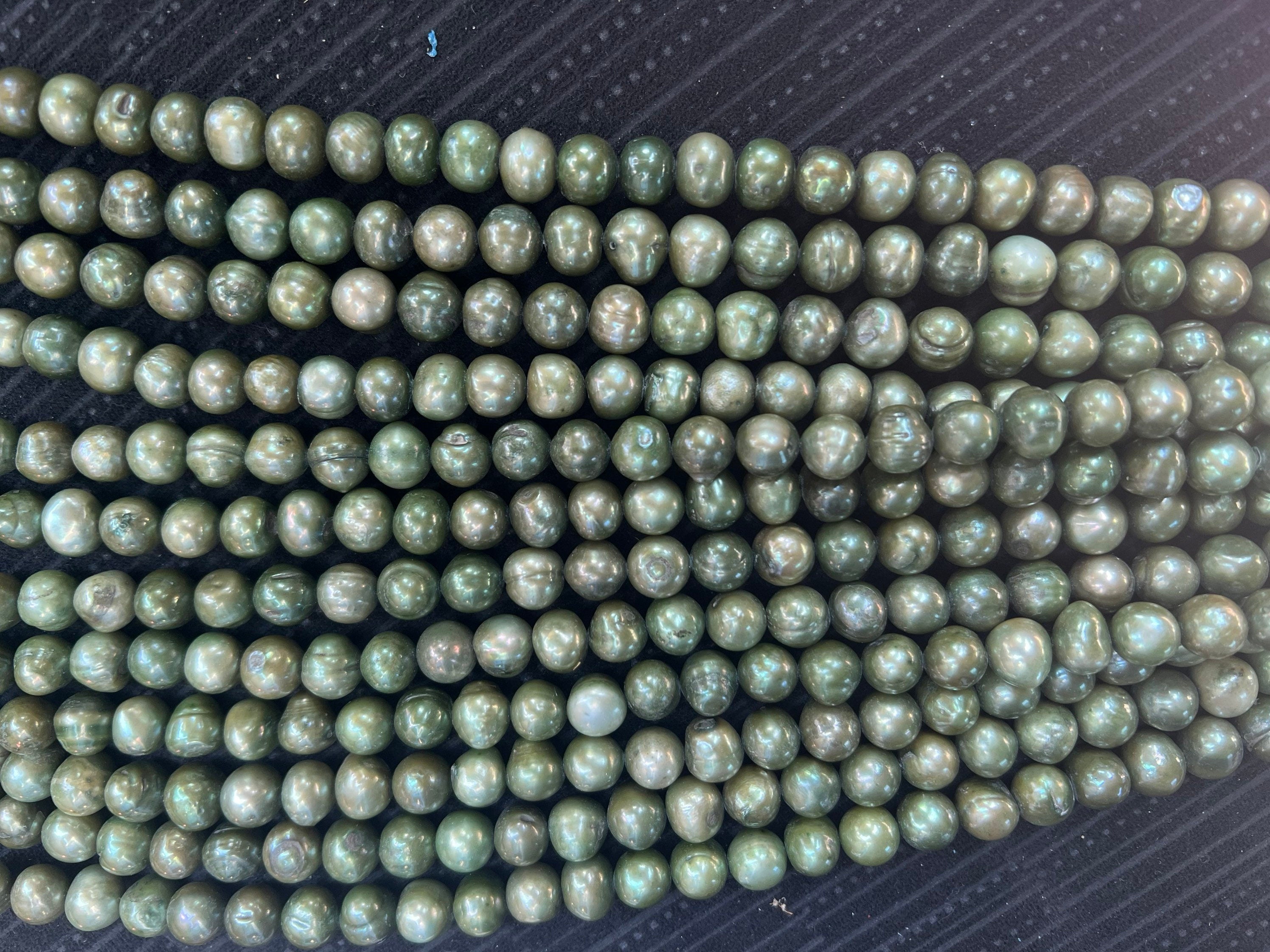 Seaweed Green 9-10mm Round Potato Freshwater Pearl, 15" full strand crocodile green pearl, Morandi color for designer Bargain #RS2082