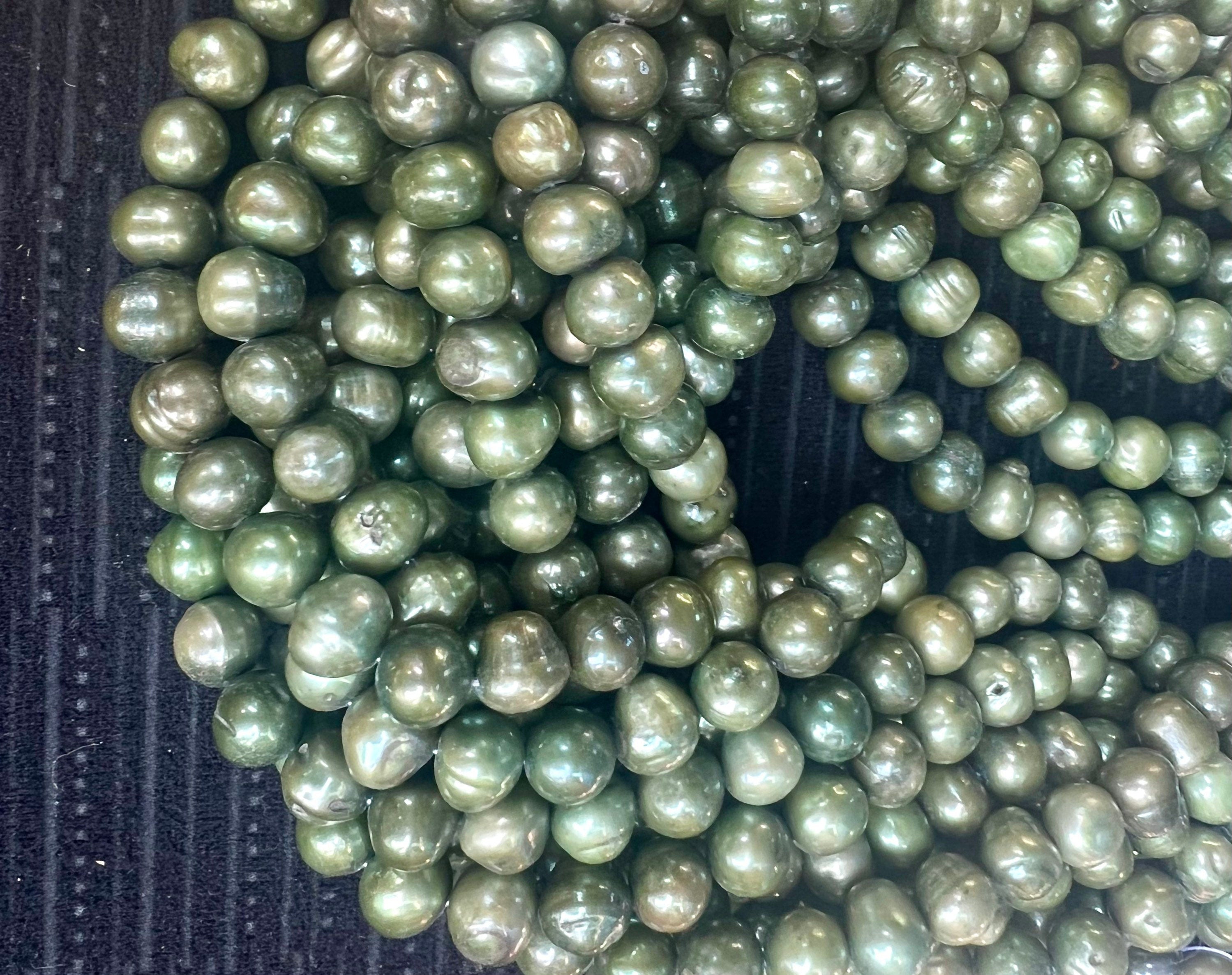 Seaweed Green 9-10mm Round Potato Freshwater Pearl, 15" full strand crocodile green pearl, Morandi color for designer Bargain #RS2082