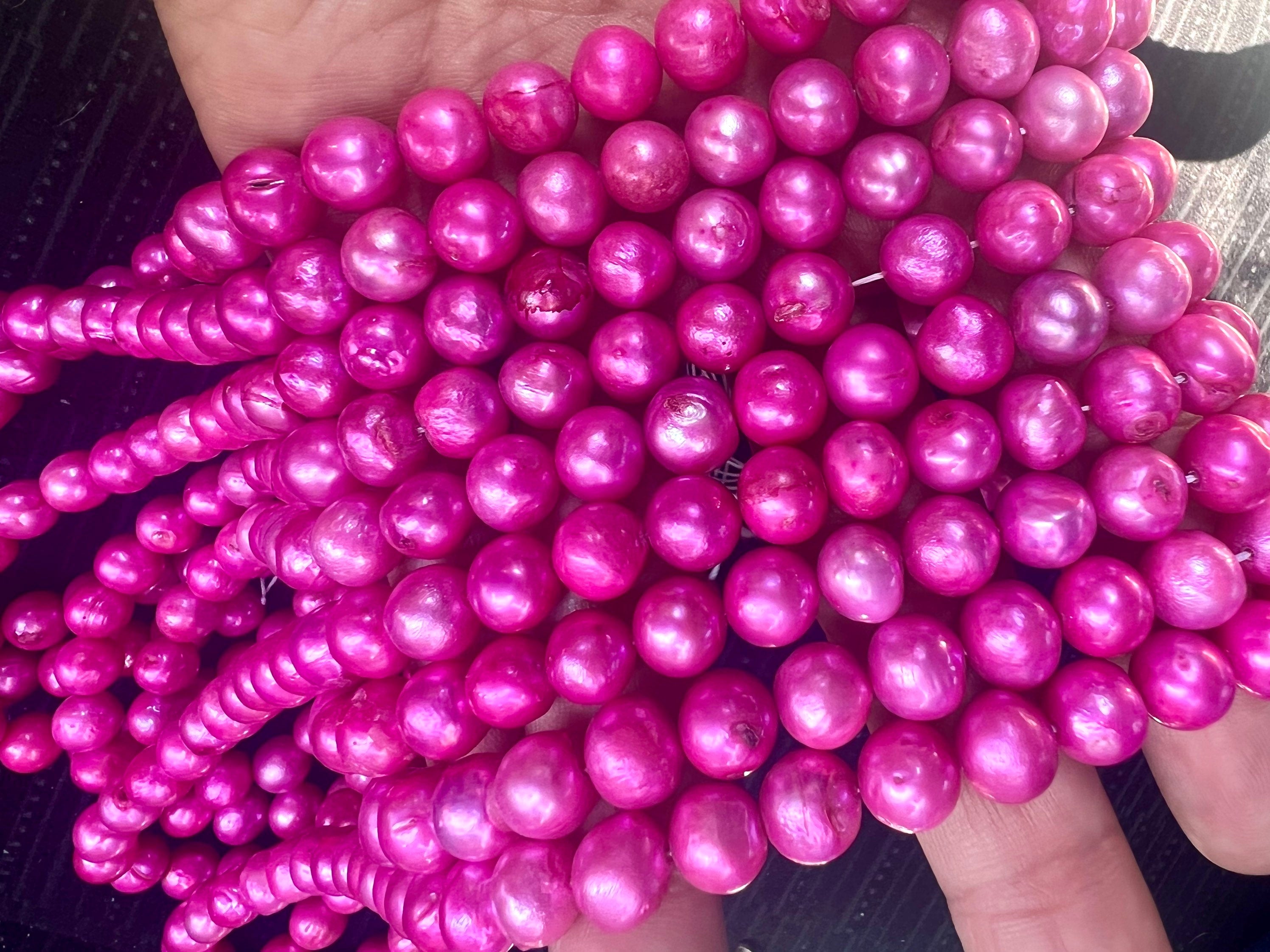 Stunning barbie pink 8-10mm Round Potato Freshwater Pearl, 15" full strand fuchsin kermes pink pearl, luster Excellent Bargain #RS2081
