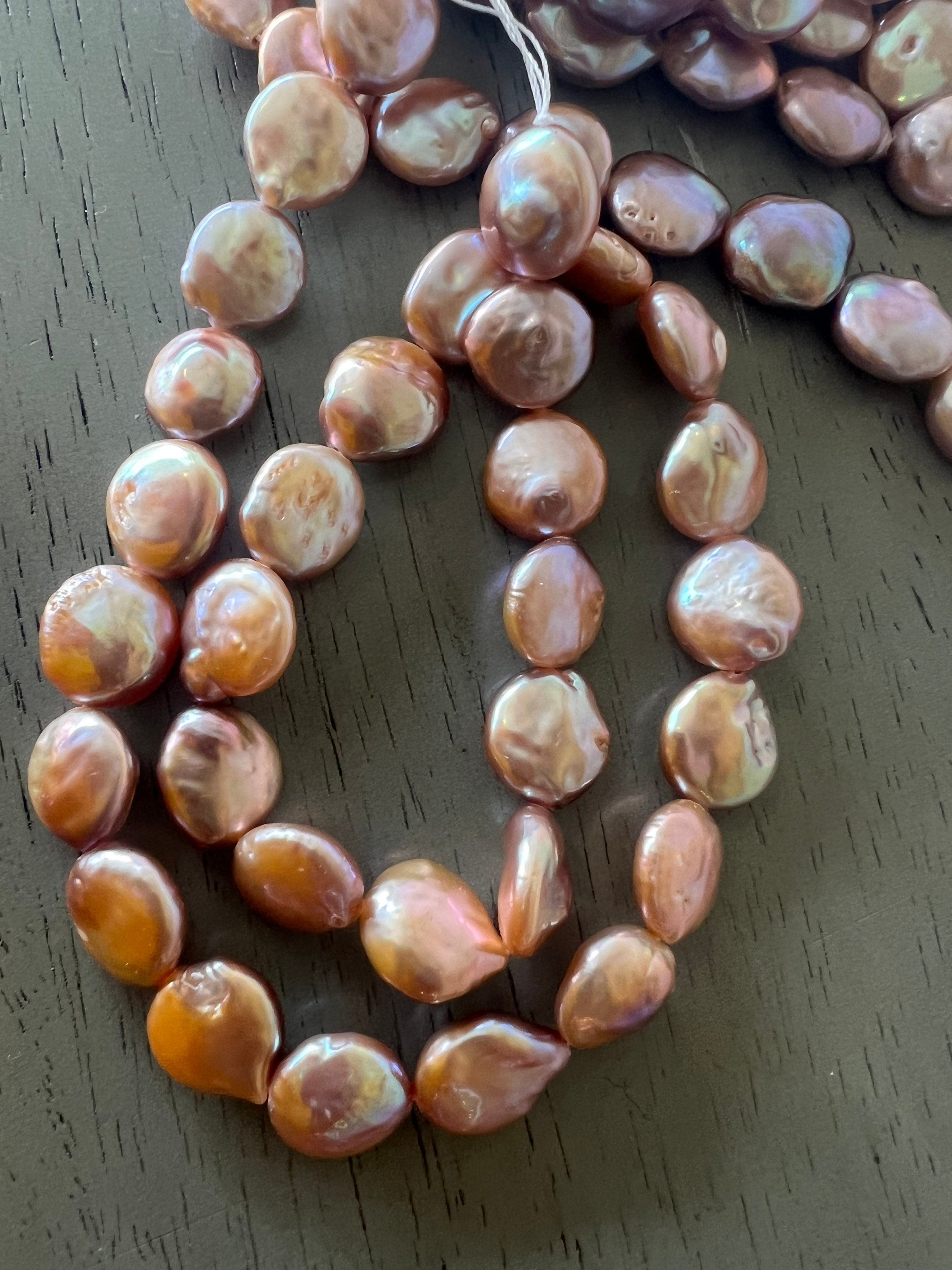 AA 12-13mm Baroque coin Pearl beads, natural multiple metallic Mauve color Genuine Coin Pearl, super  luster half strand 7.5" 16pc NEW SALE