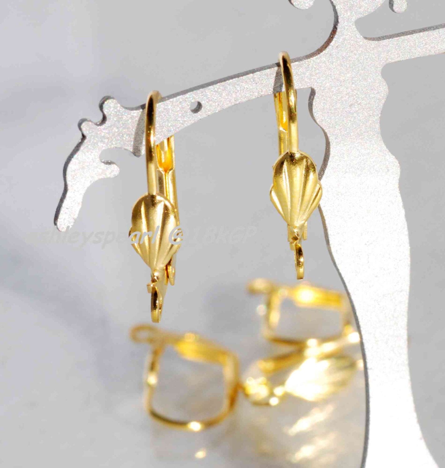 18k yellow Gold plated over Copper Lever Back Earring Wire with Shell Adornment and Loop - Nickel Free - 10 Pc -F9115