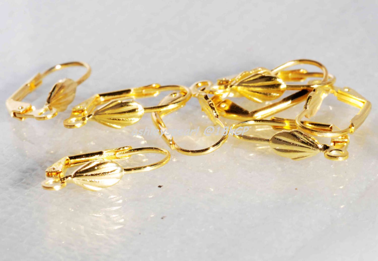 18k yellow Gold plated over Copper Lever Back Earring Wire with Shell Adornment and Loop - Nickel Free - 10 Pc -F9115