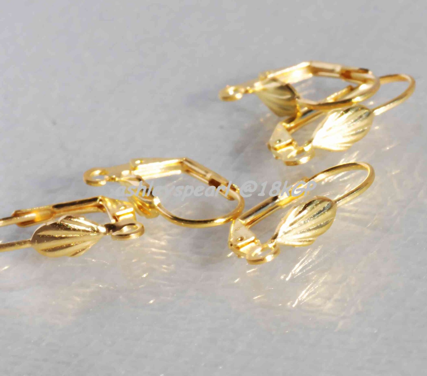 18k yellow Gold plated over Copper Lever Back Earring Wire with Shell Adornment and Loop - Nickel Free - 10 Pc -F9115
