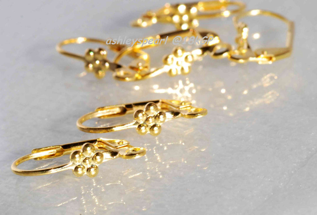 18k yellow Gold plated over Brass Copper Lever Back Earring Wire with Fower  Adornment and Loop - Nickel Free - 10 Pc -F9116