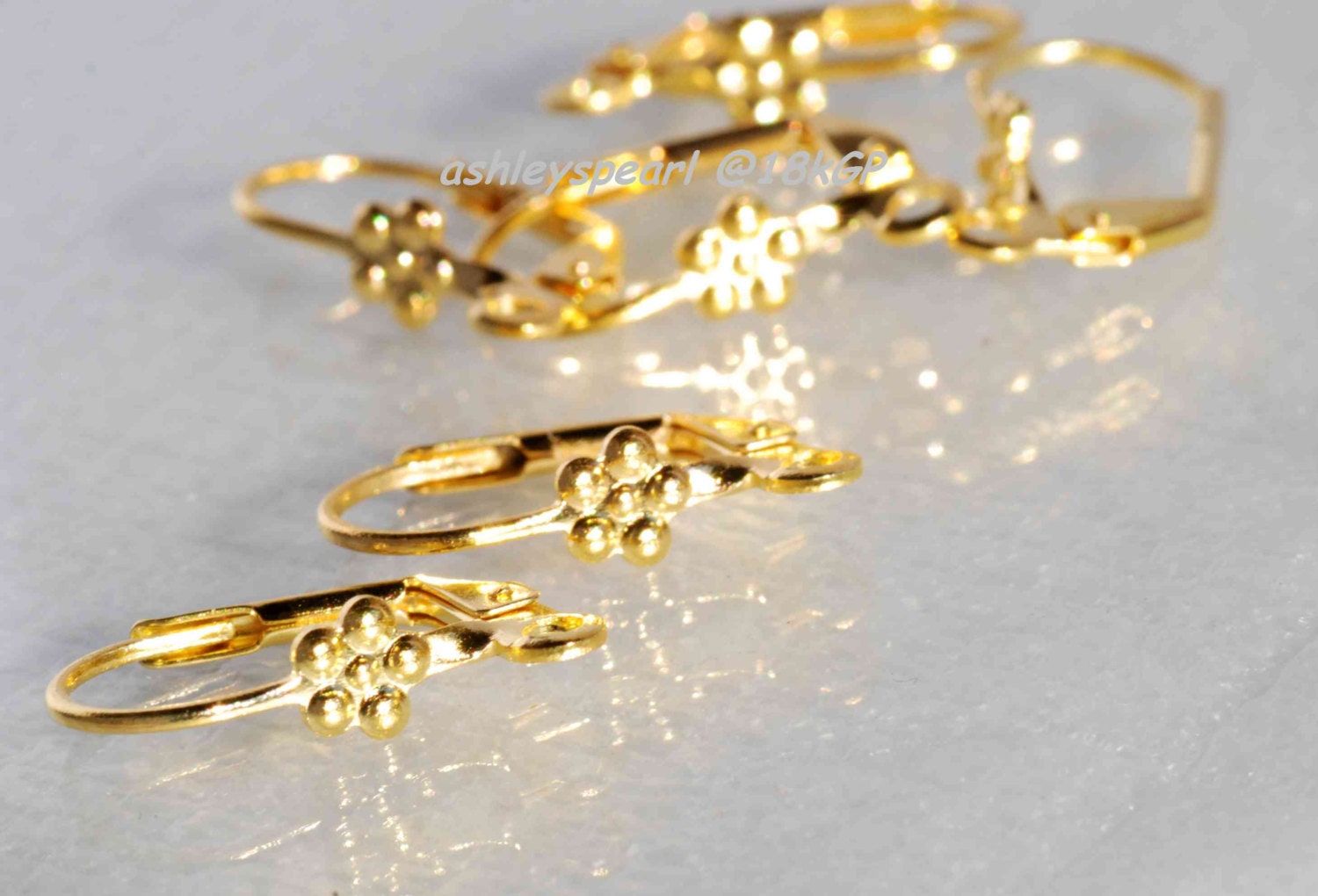18k yellow Gold plated over Brass Copper Lever Back Earring Wire with Fower  Adornment and Loop - Nickel Free - 10 Pc -F9116