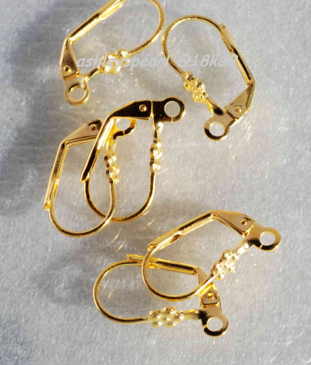 18k yellow Gold plated over Brass Copper Lever Back Earring Wire with Fower  Adornment and Loop - Nickel Free - 10 Pc -F9116