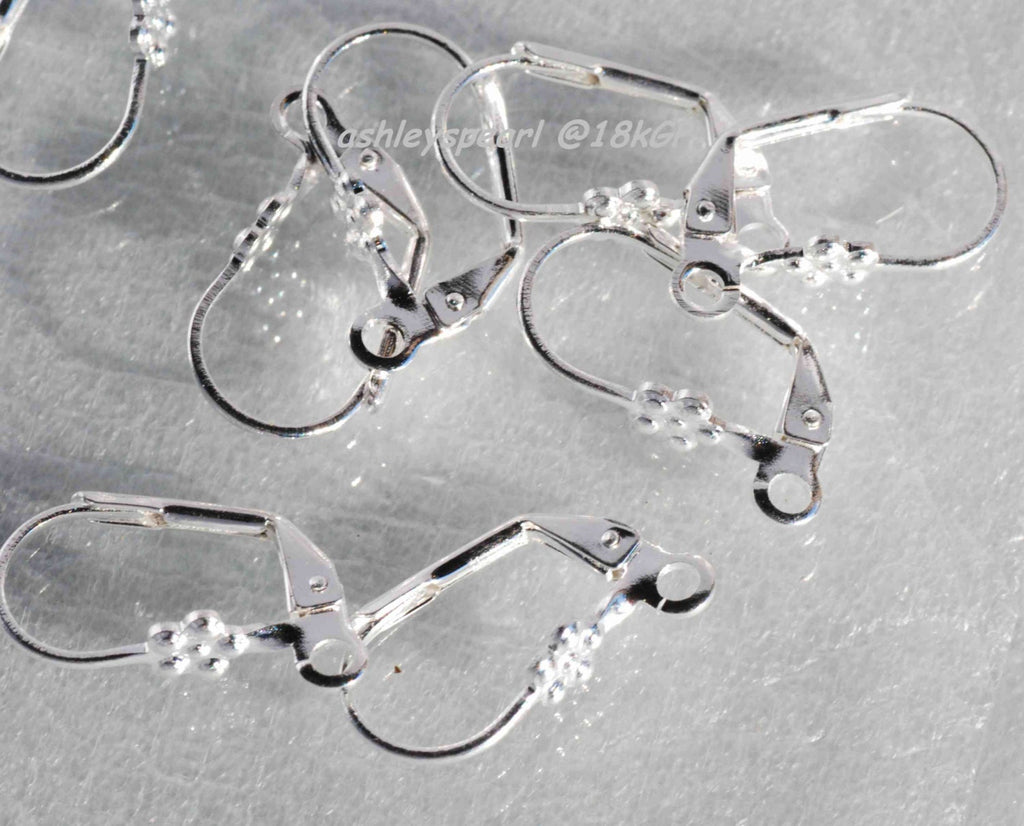 925 sterling silver or 18k gold plated over Brass Copper Lever Back Earring Wire with Fower Adornment and Loop - Nickel Free - 10 Pc -F9116