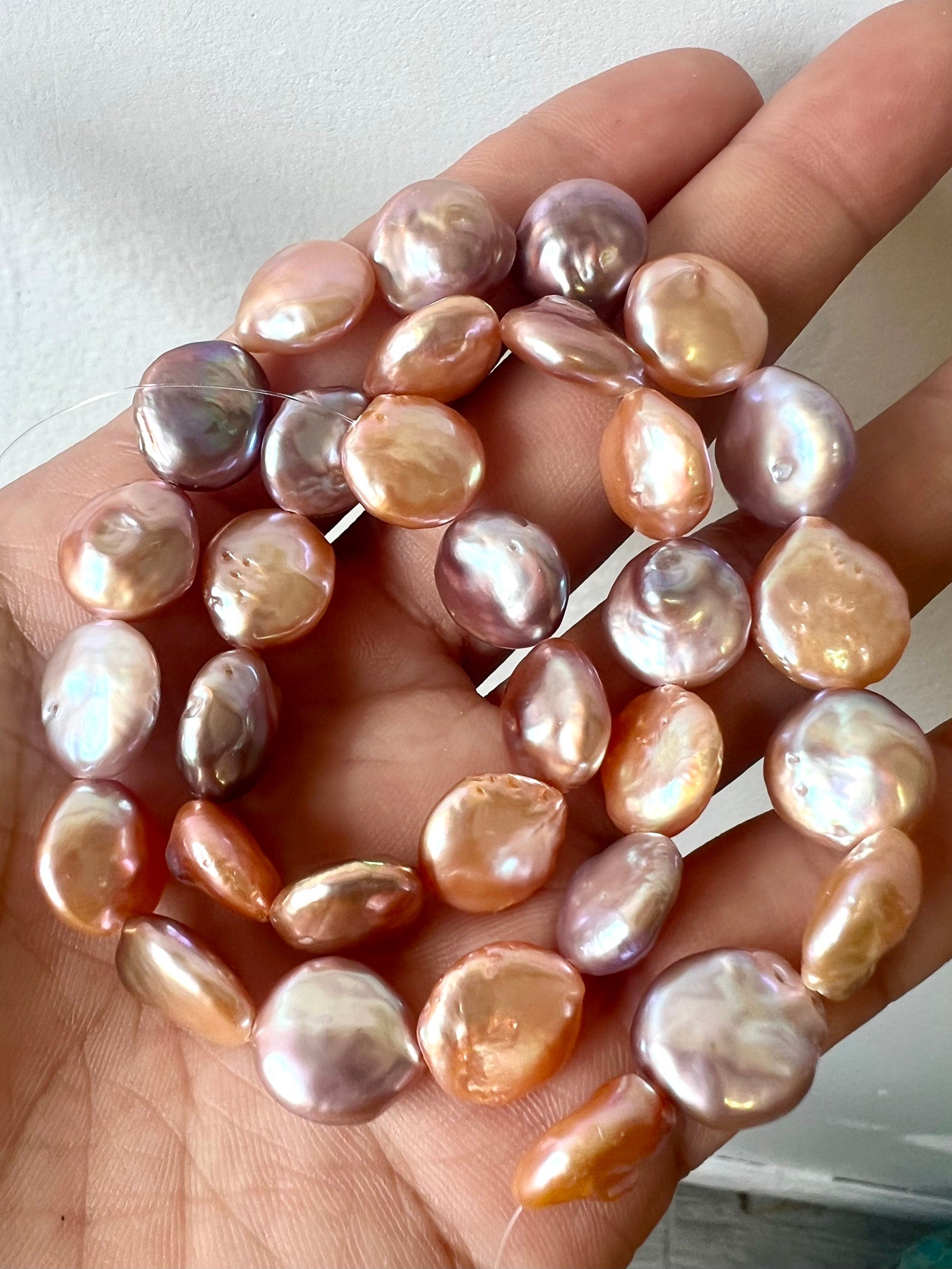 AA 12-13mm Baroque coin Pearl beads, natural multiple metallic Mauve color Genuine Coin Pearl, super  luster half strand 7.5" 16pc NEW SALE