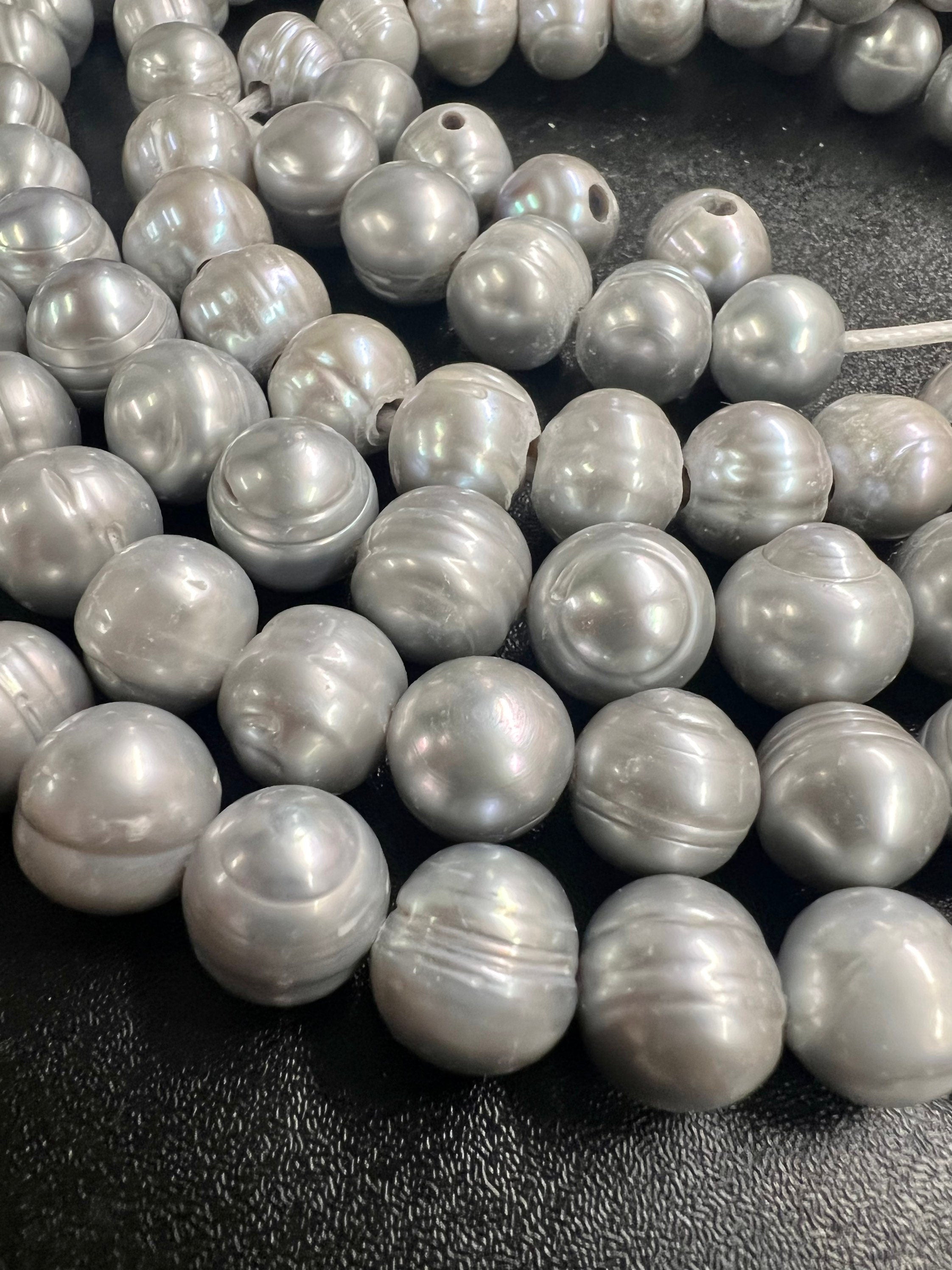 Huge 12-14mm Large Hole 2.2mm 3mm Freshwater Pearl Baroque round Potato Pearl Natural Silver Grey A-AA 7"  half Strand 15pc beads #RS3015S
