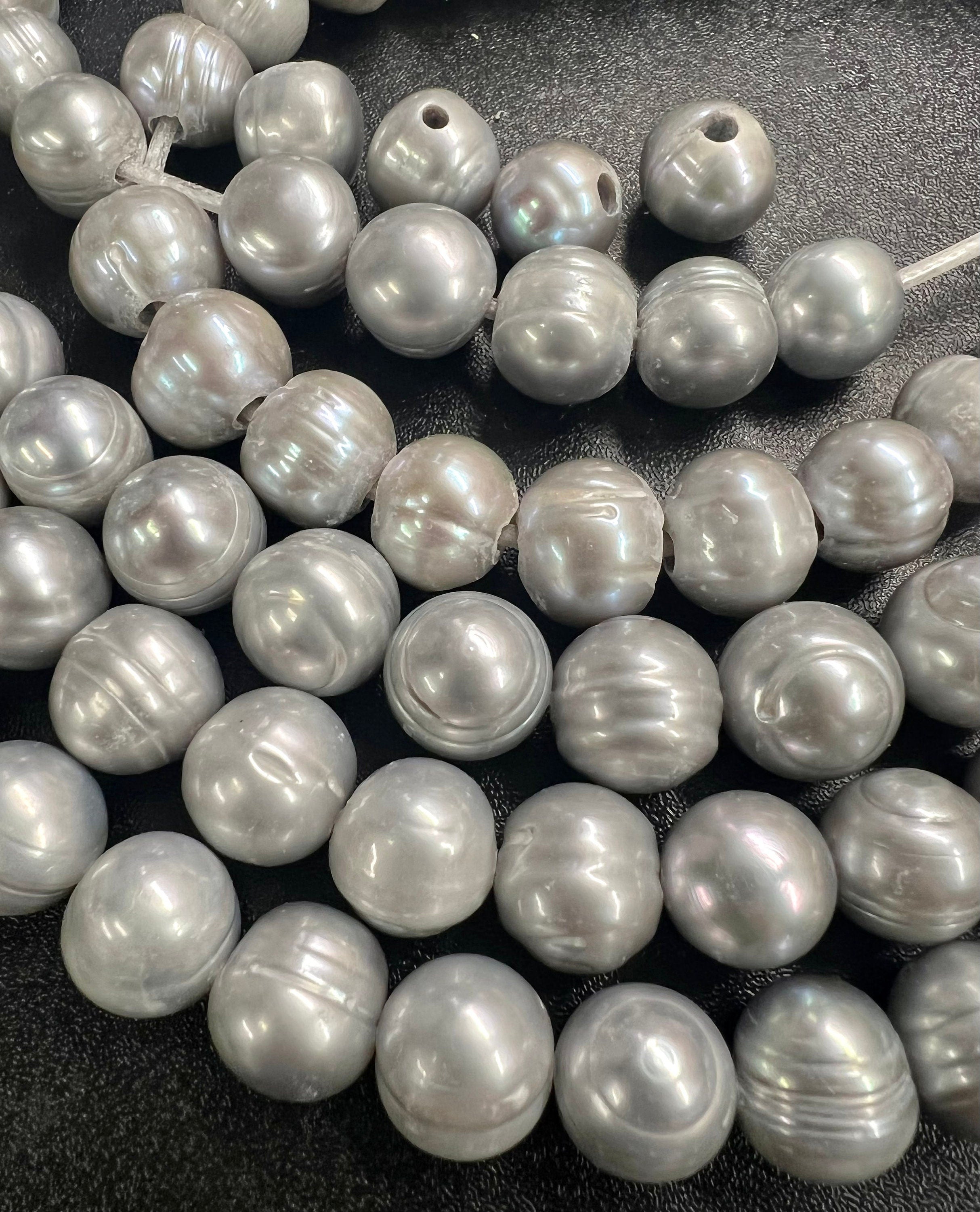 Huge 12-14mm Large Hole 2.2mm 3mm Freshwater Pearl Baroque round Potato Pearl Natural Silver Grey A-AA 7"  half Strand 15pc beads #RS3015S