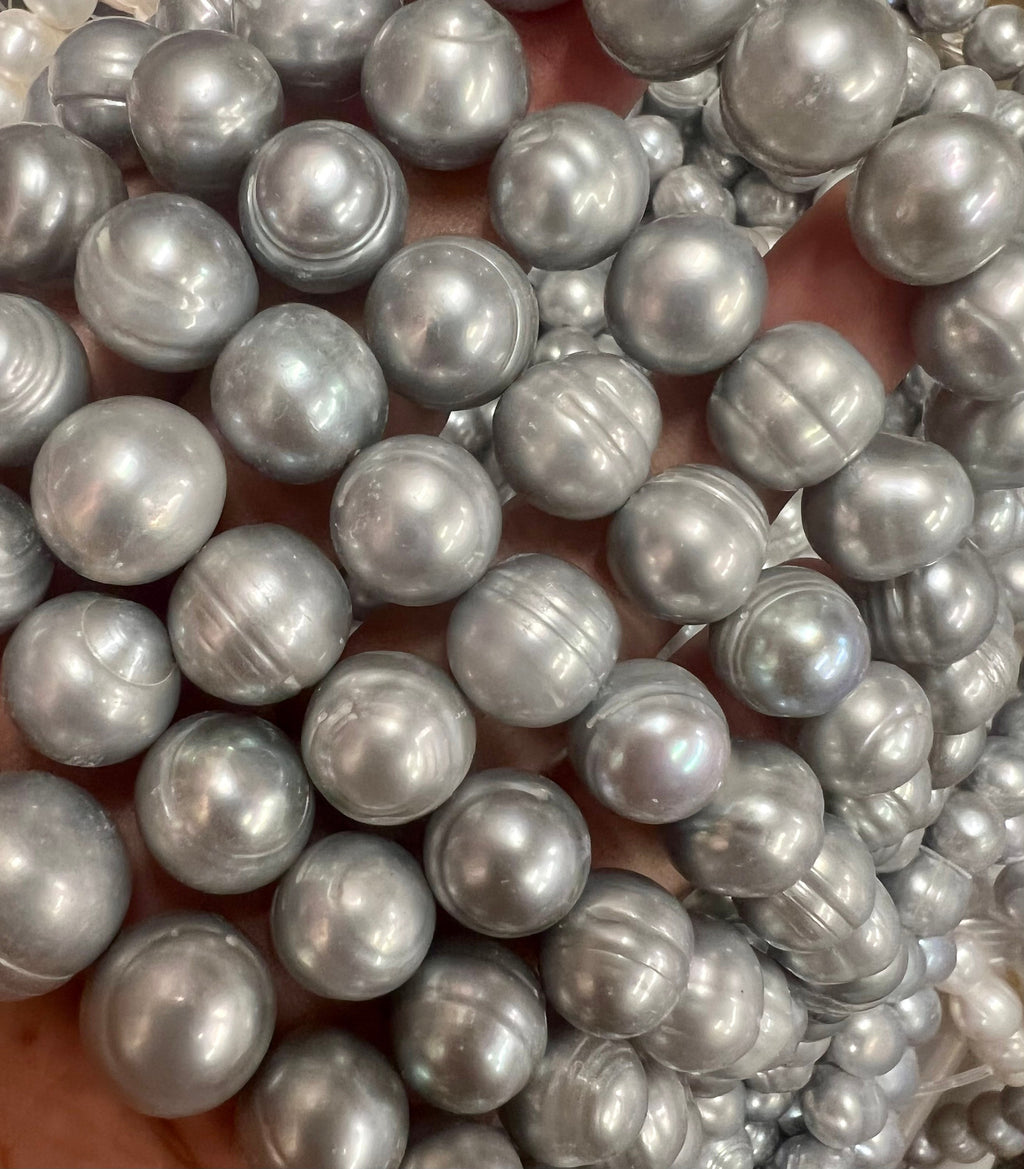 Huge 12-14mm Large Hole 2.2mm 3mm Freshwater Pearl Baroque round Potato Pearl Natural Silver Grey A-AA 7"  half Strand 15pc beads #RS3015S