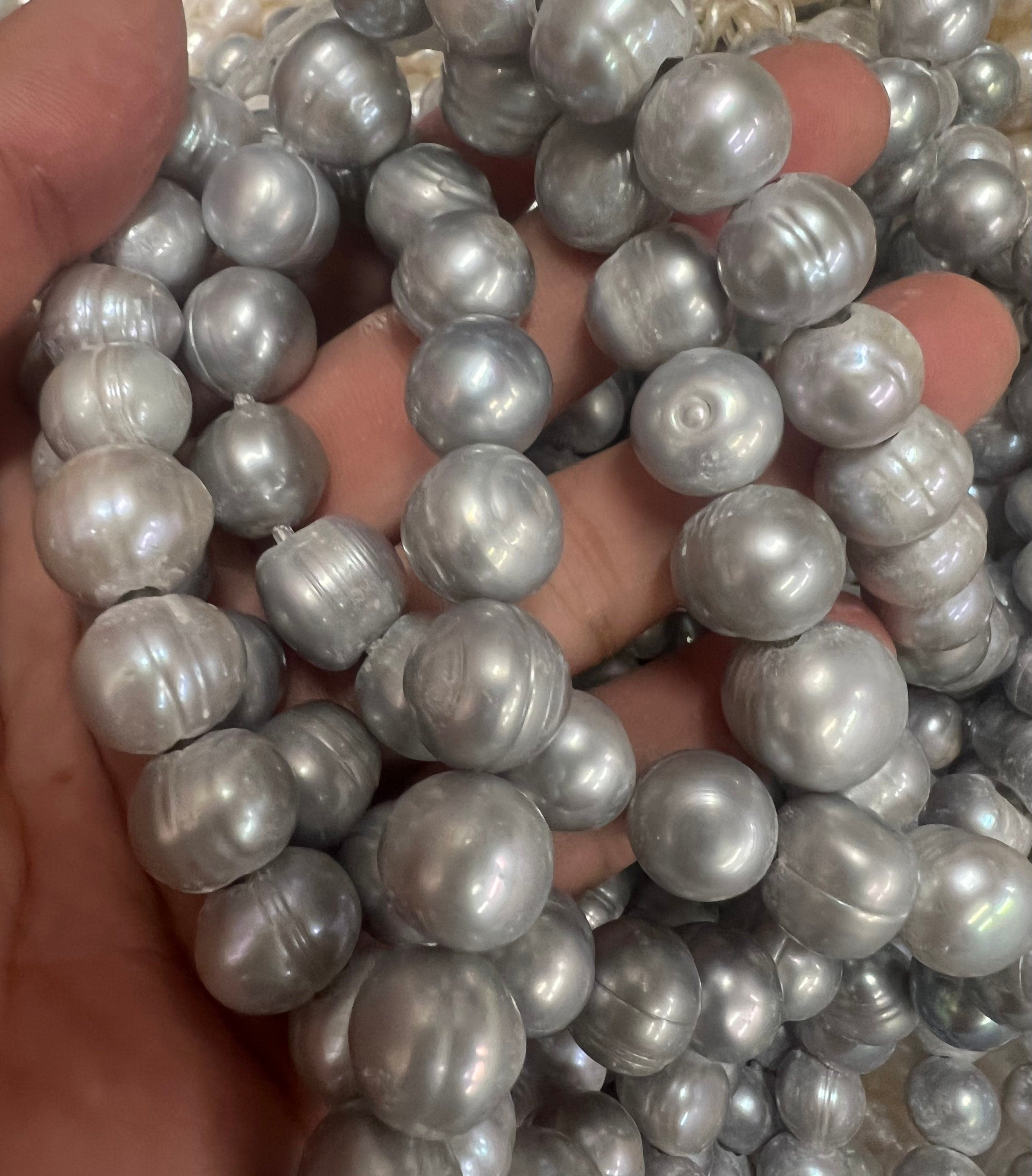 Huge 12-14mm Large Hole 2.2mm 3mm Freshwater Pearl Baroque round Potato Pearl Natural Silver Grey A-AA 7"  half Strand 15pc beads #RS3015S
