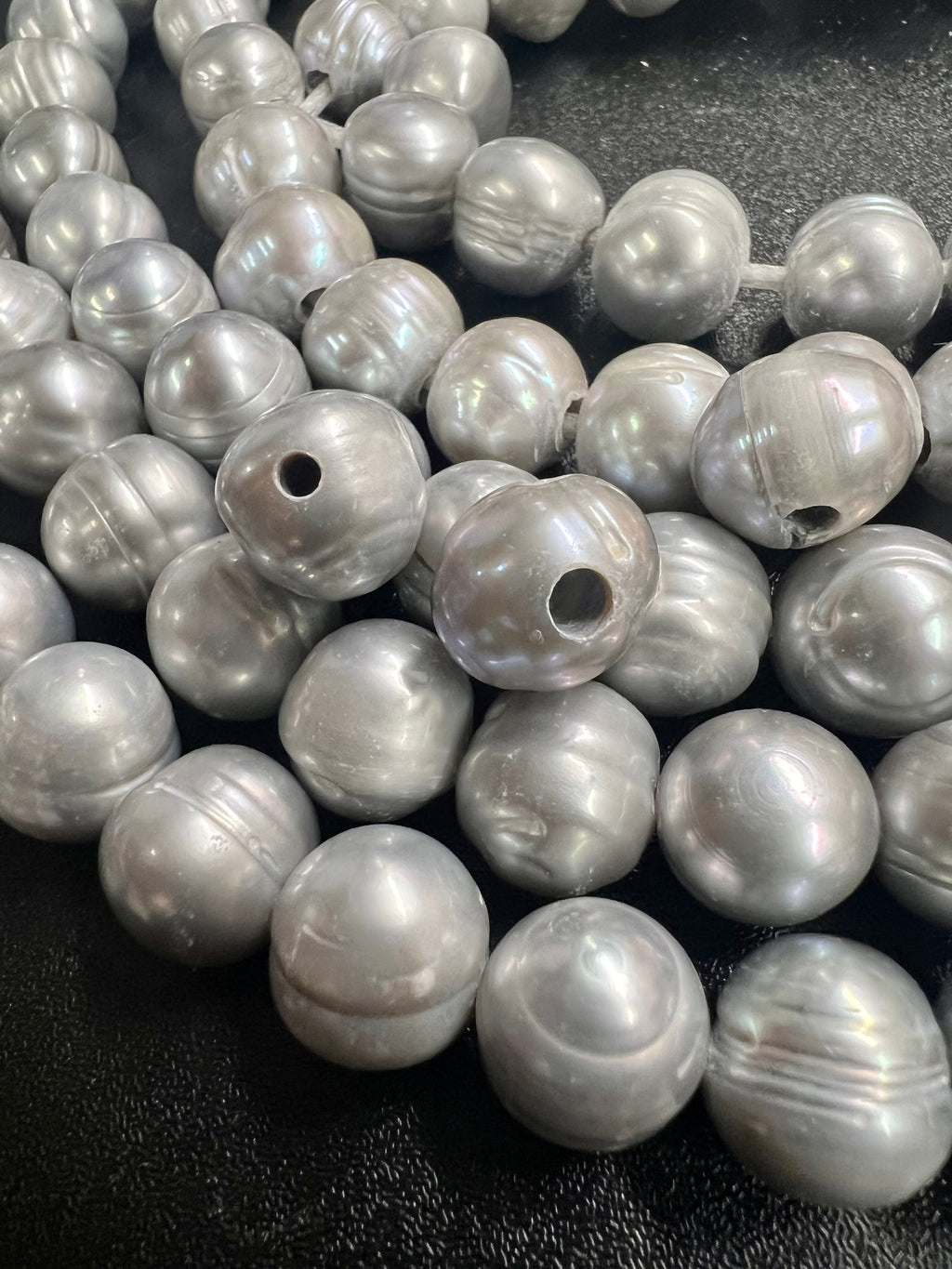 Huge 12-14mm Large Hole 2.2mm 3mm Freshwater Pearl Baroque round Potato Pearl Natural Silver Grey A-AA 7"  half Strand 15pc beads #RS3015S