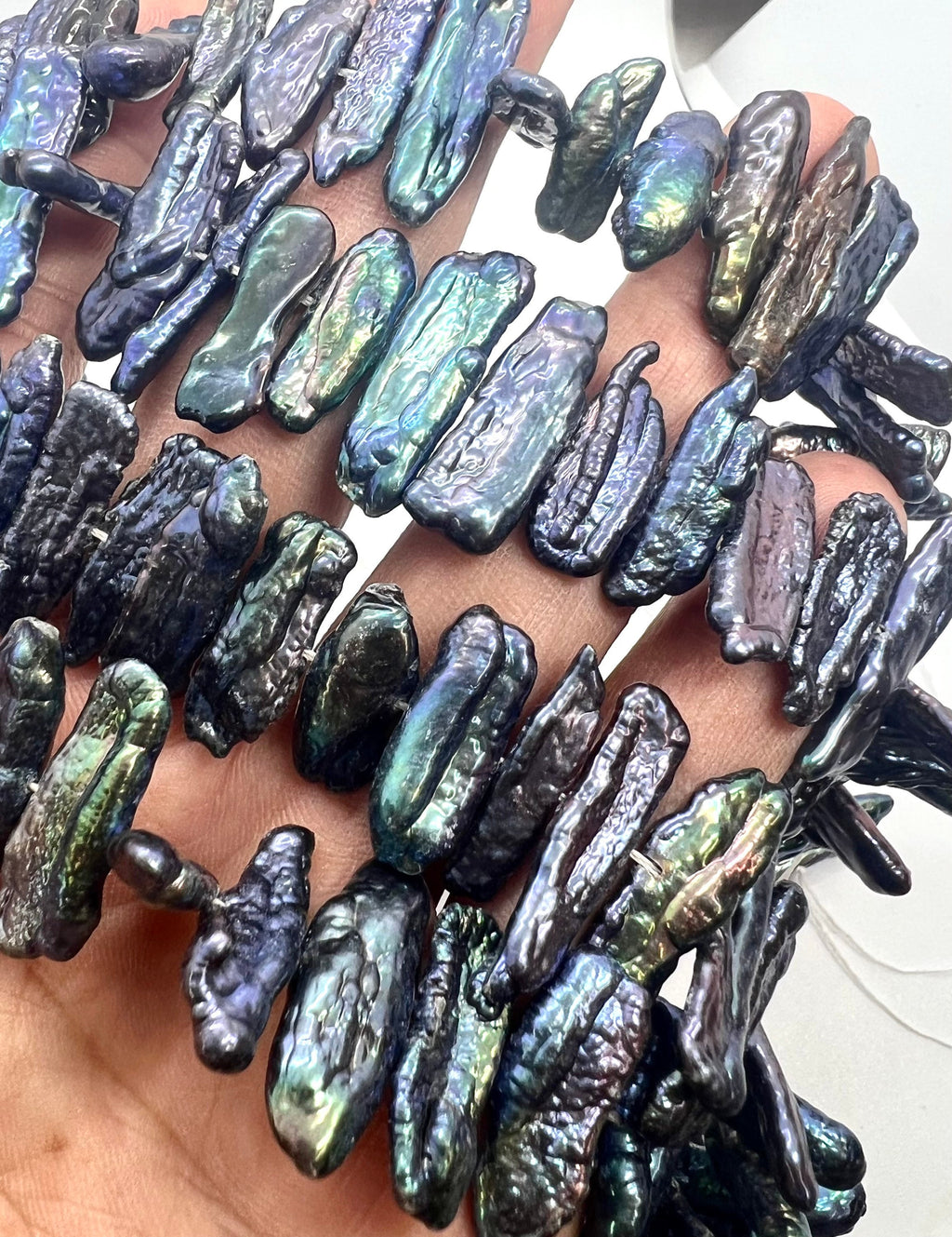 Rare AAA 7-8mmX20mm Stunning Biwa Pearls peacock blue color side drill freshwater pearl beads HALF strand 7" 28pc  #KC5042--New arrival Sale