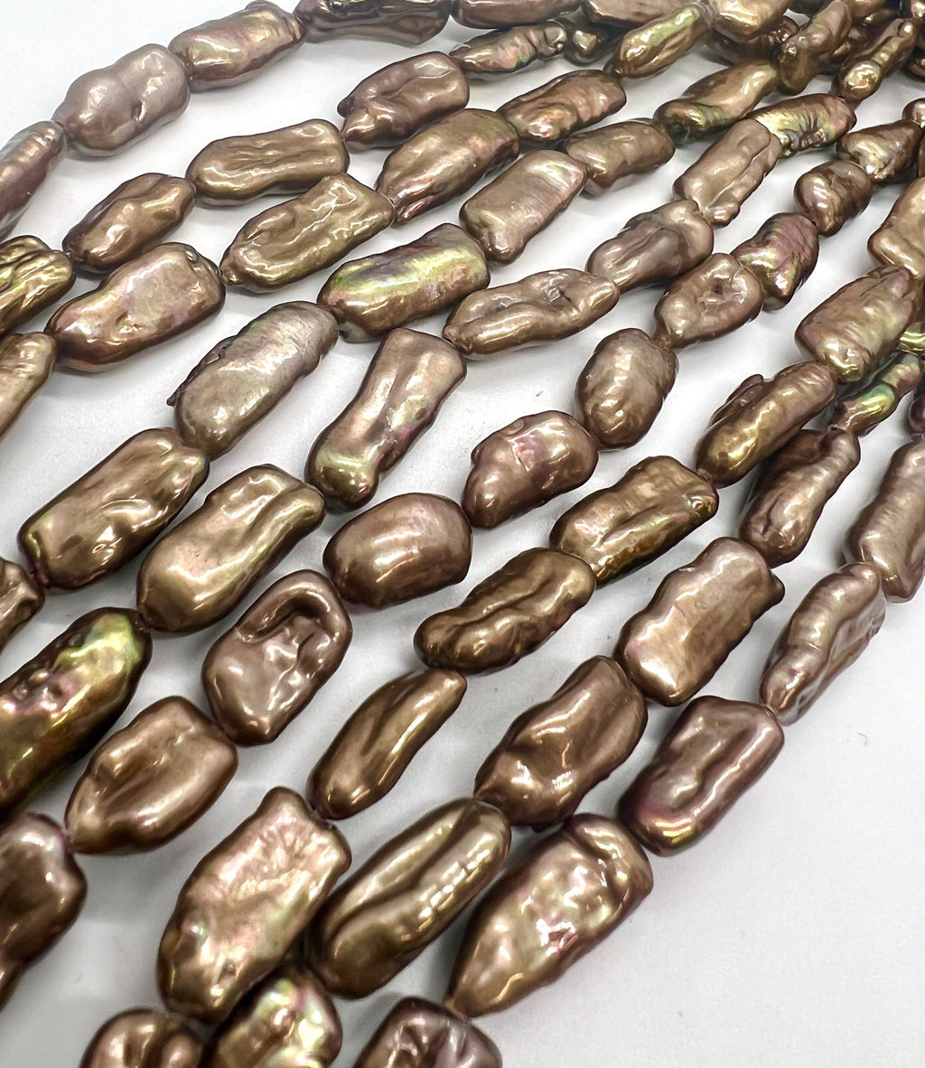 AAA Even7.5X18MM Biwa Pearl Dove chocolate brown pearl, Bronze copper brown pearl stick  full strand 15" 25pc beads  #KC5044---New Sale