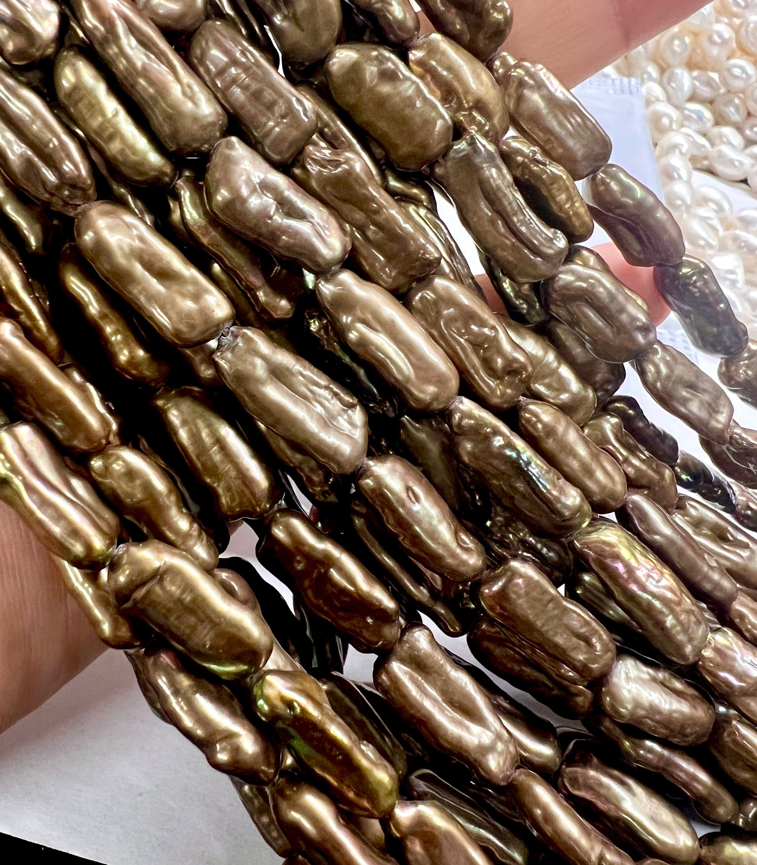 AAA Even7.5X18MM Biwa Pearl Dove chocolate brown pearl, Bronze copper brown pearl stick  full strand 15" 25pc beads  #KC5044---New Sale