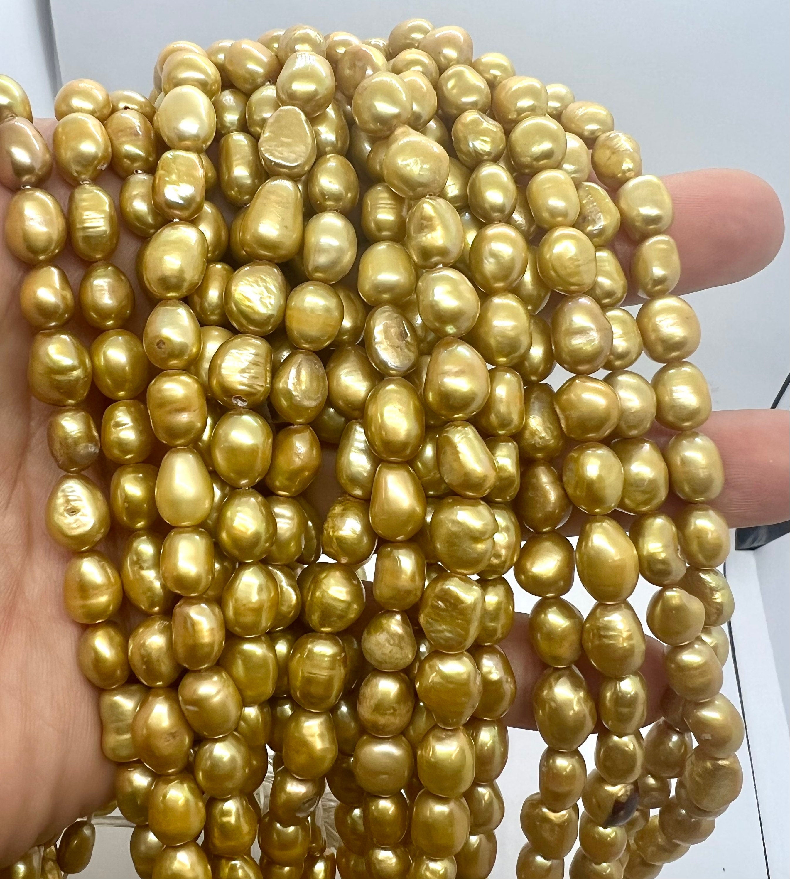 AA+ 7-8mmX8-10mm silk golden yellow Freshwater pearl mulandi yellow 15" full strand pebble nugget baroque rice pearl beads #BA4109Y NEW