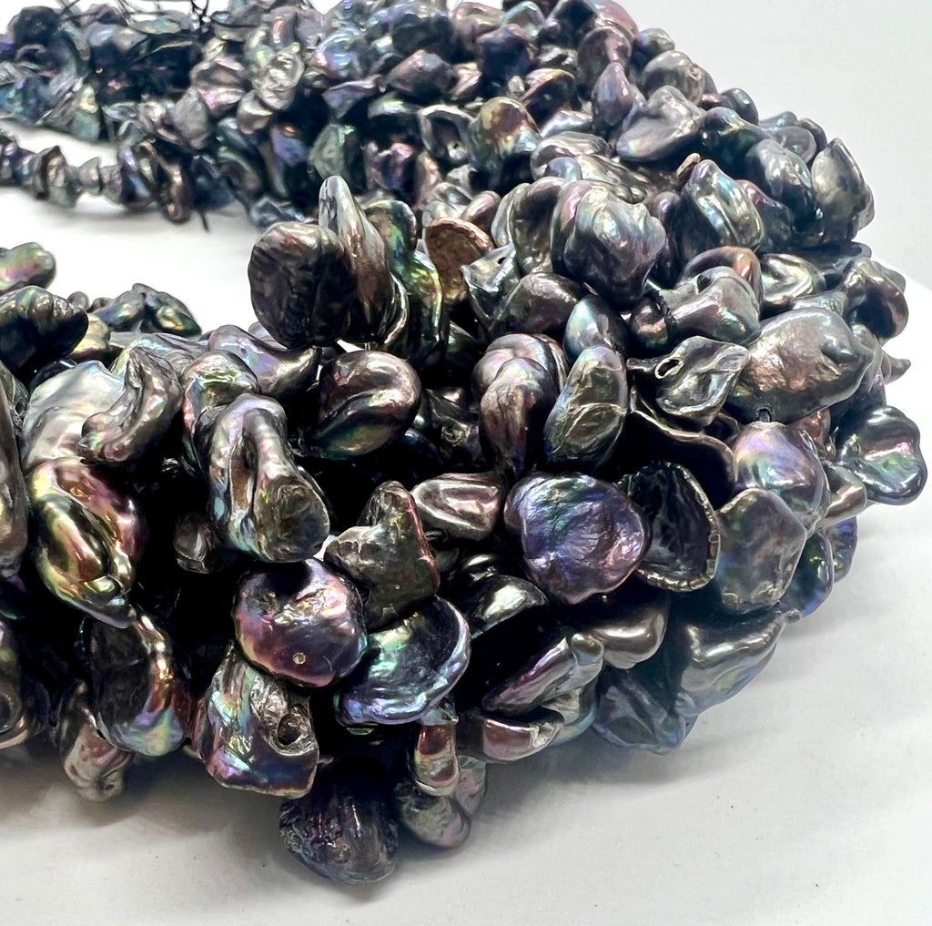 AA+ 7-8mmX9-10mm Briolette peacock black Keshi Pearls, Top Drilled Dancing pearl, 15" full strand 82+ pcs BRIOLETTE Beads, NEW deal K3012P