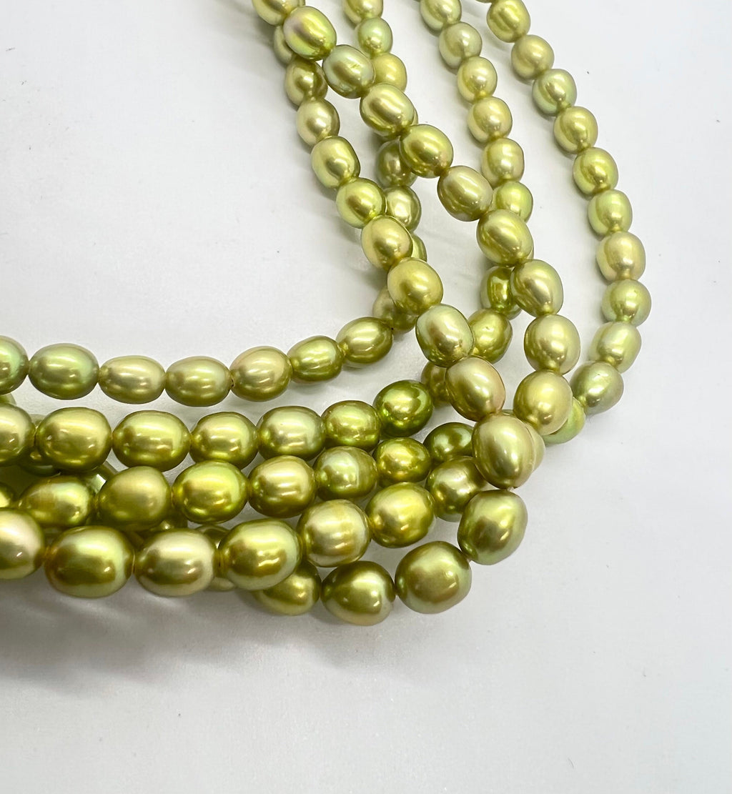AAA+ gem quality 5mmX6mm Rice Oval Pearl, 16" full strand Stunning olive green Freshwater pearl 65+ pc loose pearl beads #DR3206 New SALE
