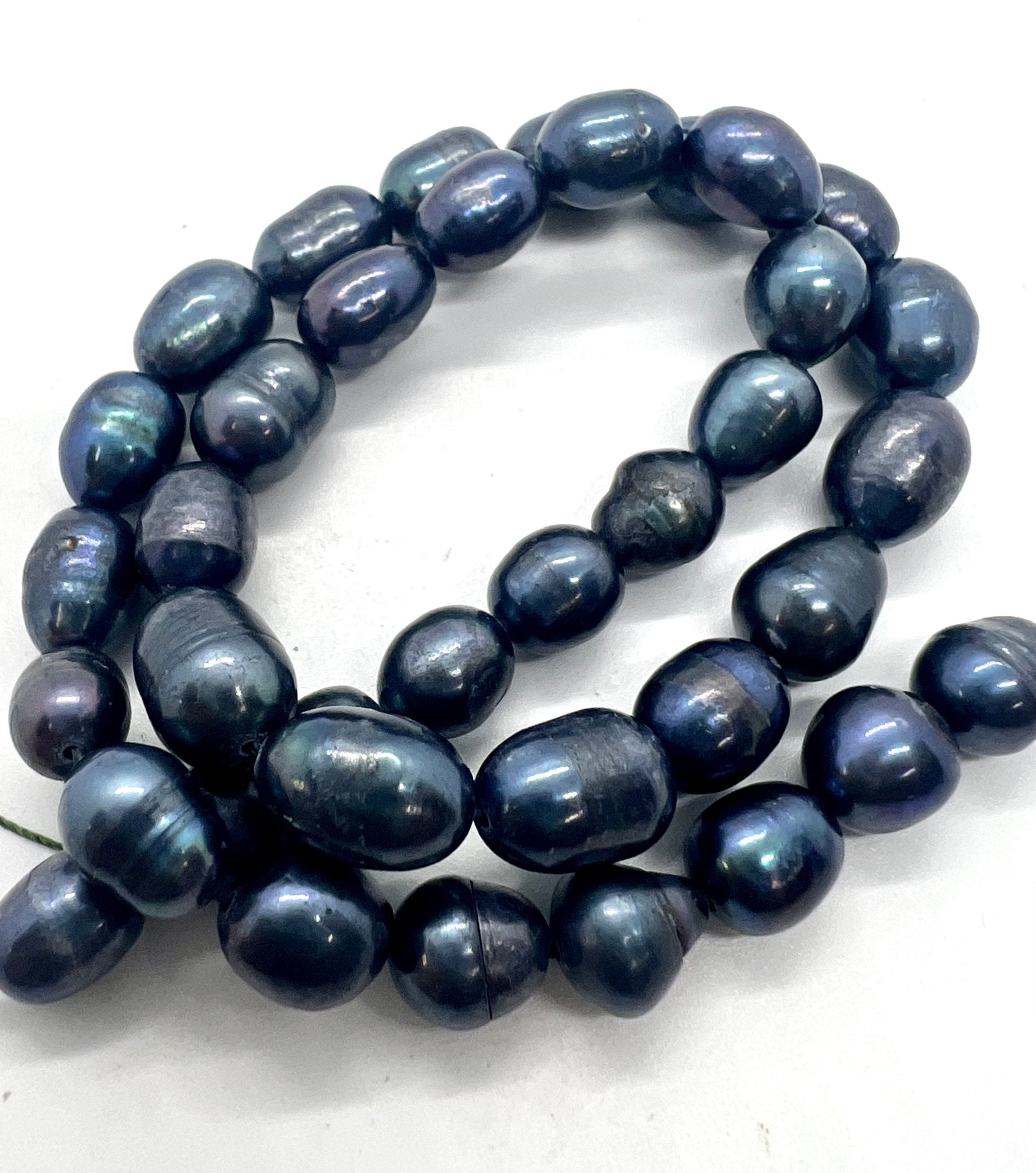 X-Large 10-11mmX13-15mm Rice Baroque Pearl, 15" full strand midnight navy blue color oval Freshwater Pearl beads--26pc #DR3049L NEW Sale