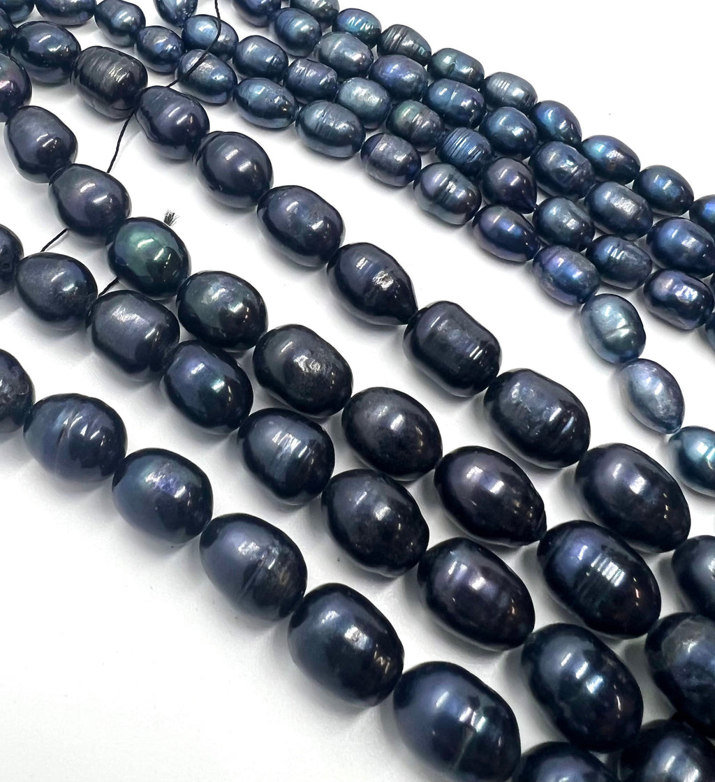 X-Large 10-11mmX13-15mm Rice Baroque Pearl, 15" full strand midnight navy blue color oval Freshwater Pearl beads--26pc #DR3049L NEW Sale