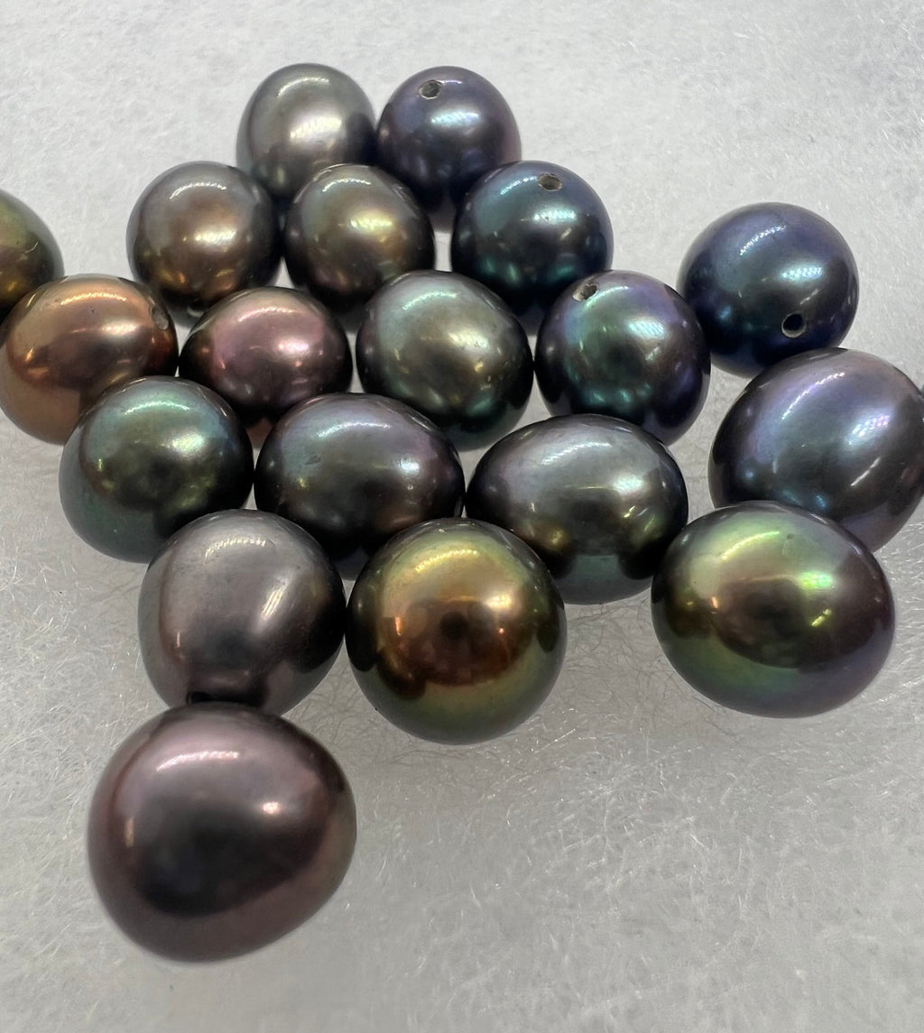 8.5X9.5mm half drilled, AAA+ top Gem quality perfect tear drop pair, Peacock black Tahiti color genuine pearl, Matched pair pearl, New