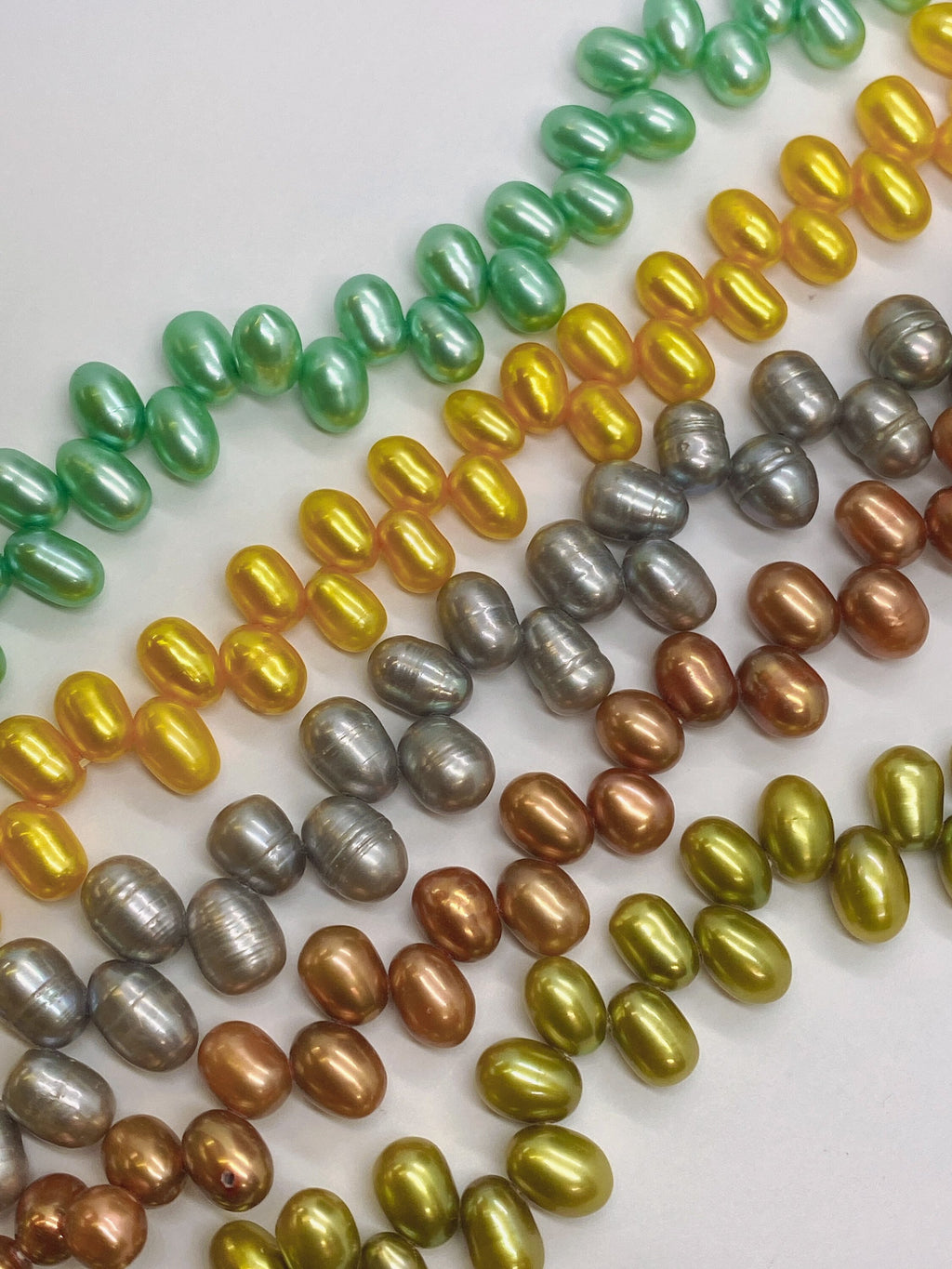AAA+ Top drilled Dancing Rice Freshwater Pearls 5X8mm green golden yellow bronze Gem quality briolette pearl beads 15" full strand #DR3136