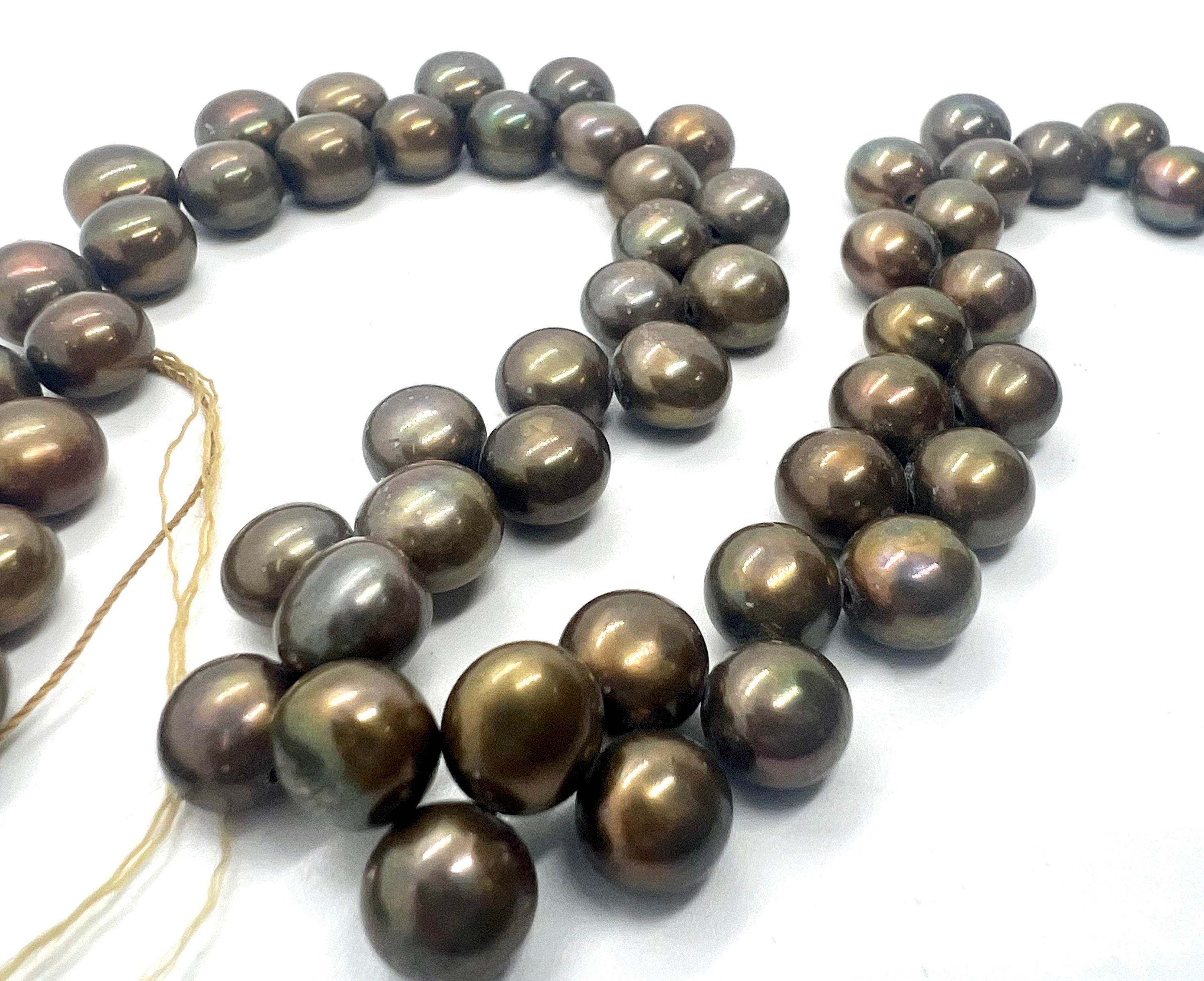 AAA 7mm briolett Top Drilled Dancing Freshwater Pearl, Vintage Olive Green round button pearl beads, half strand 7.5" 25 pc pearl beads