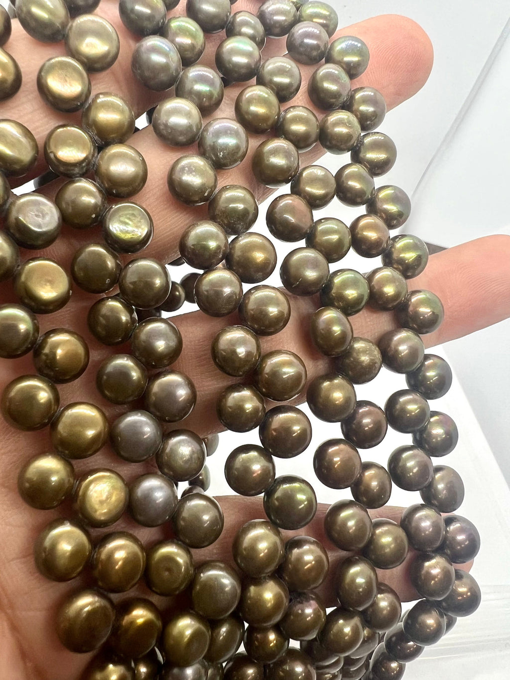 AAA 7mm briolett Top Drilled Dancing Freshwater Pearl, Vintage Olive Green round button pearl beads, half strand 7.5" 25 pc pearl beads