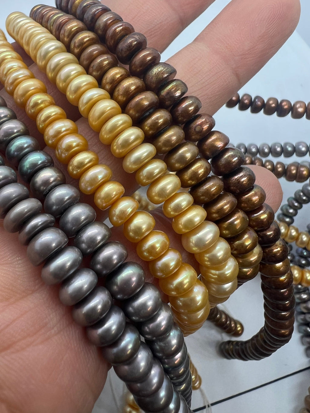 AAA 3.5X6.5mm Roundel button pearl, 15" full strand Freshwater Pearl spacer, 110+ grey golden yellow brown pearl beads, wholesale #CB6066