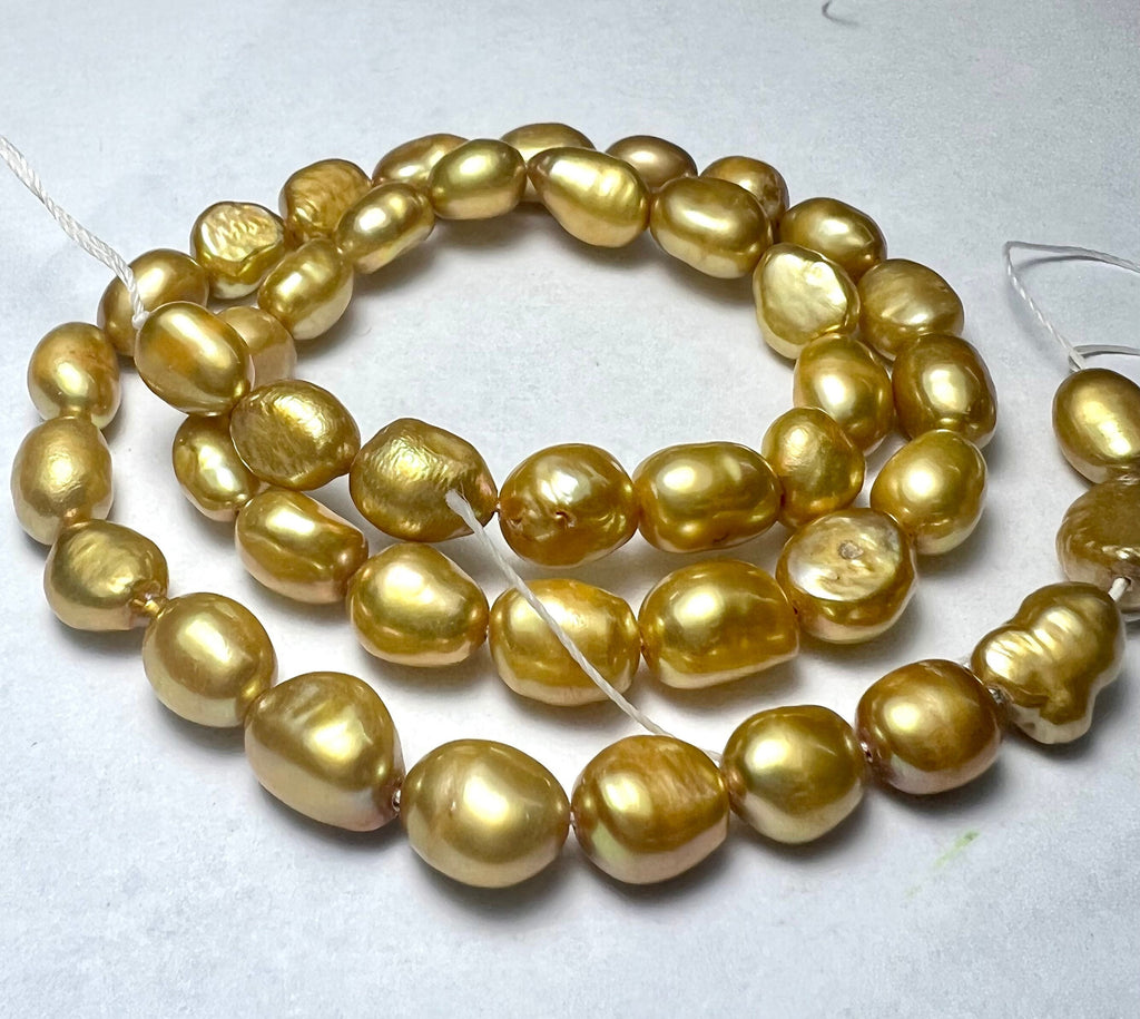 AA+ 7-8mmX8-10mm silk golden yellow Freshwater pearl mulandi yellow 15" full strand pebble nugget baroque rice pearl beads #BA4109Y NEW