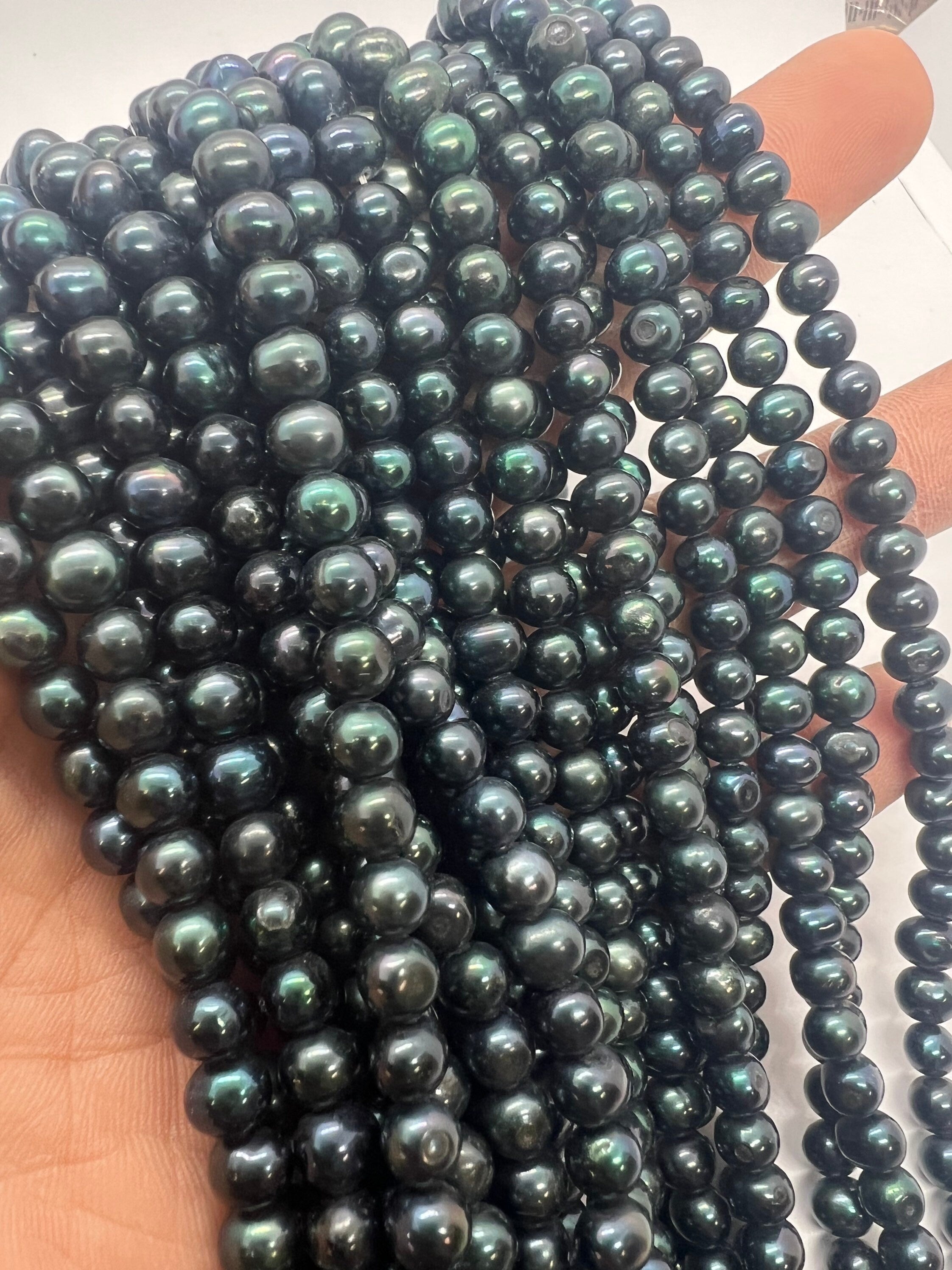 AA quality 6mm, Full Strand 15“ strand dark teal green Freshwater Pearl, round off stunning peacock green seed pearl---New arrive #71013