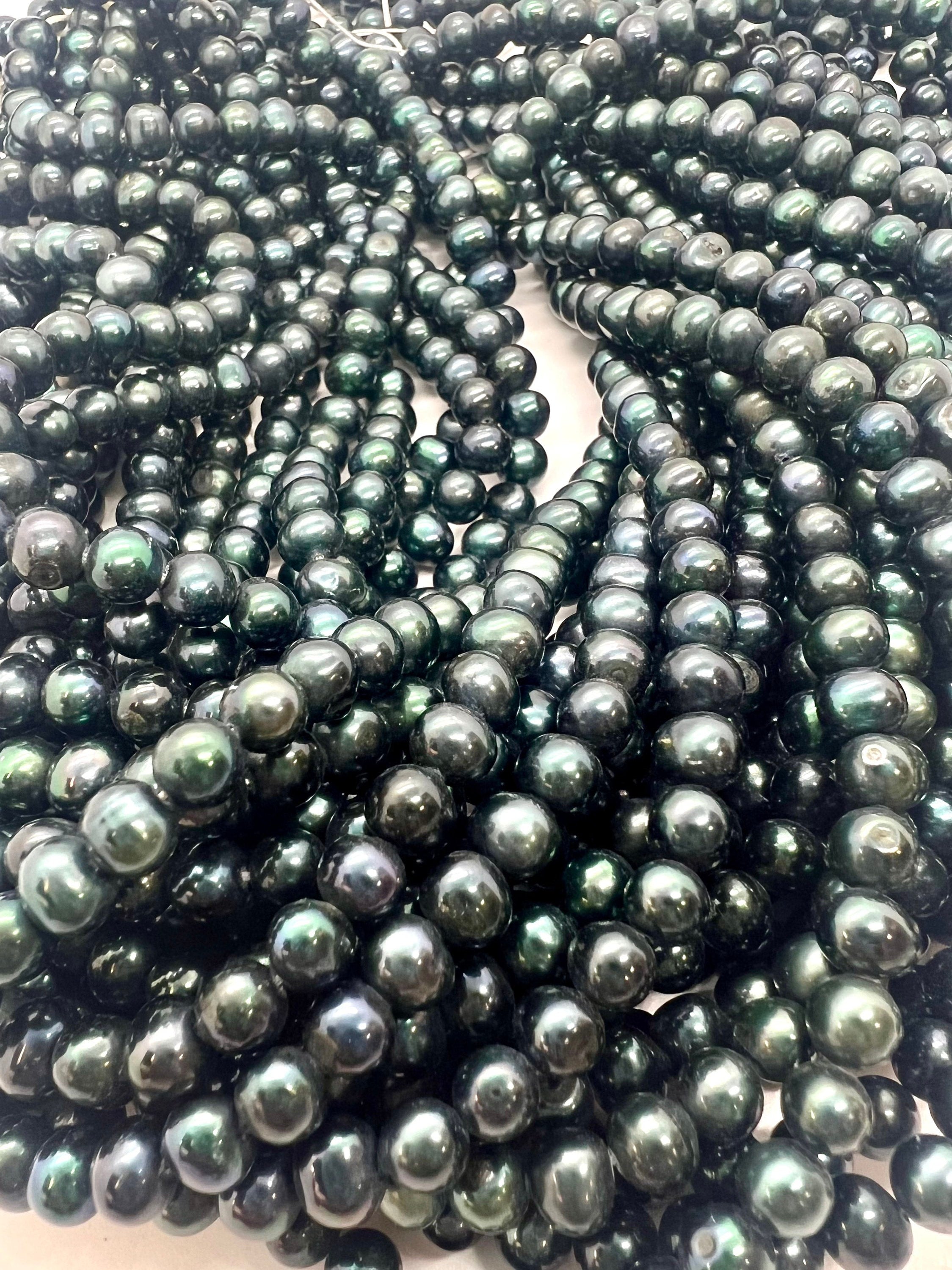 AA quality 6mm, Full Strand 15“ strand dark teal green Freshwater Pearl, round off stunning peacock green seed pearl---New arrive #71013