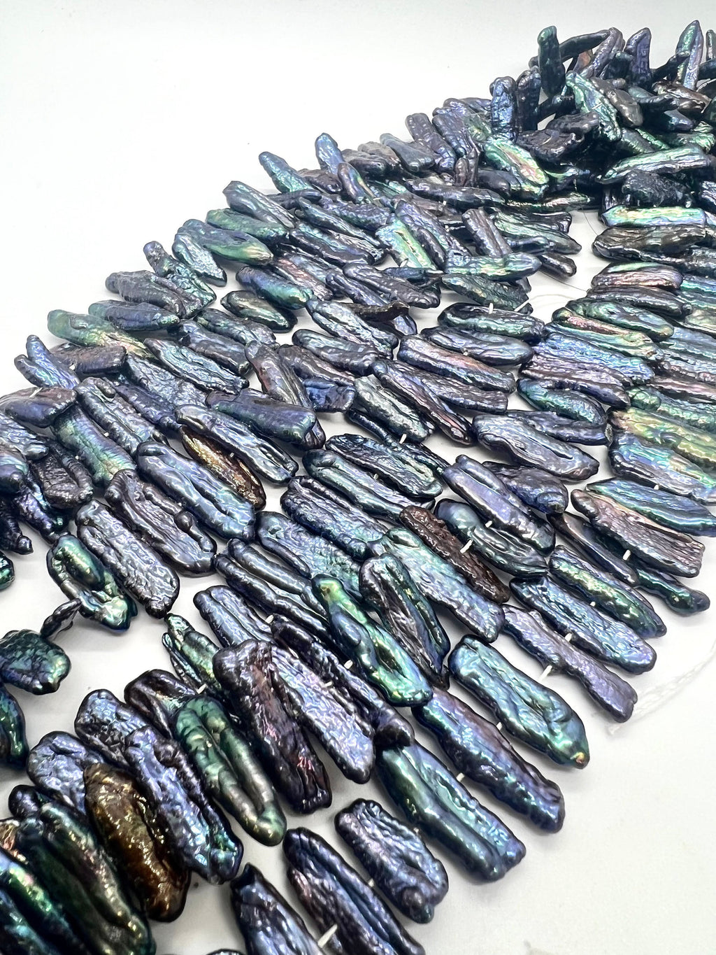 Rare AAA 7-8mmX20mm Stunning Biwa Pearls peacock blue color side drill freshwater pearl beads HALF strand 7" 28pc  #KC5042--New arrival Sale