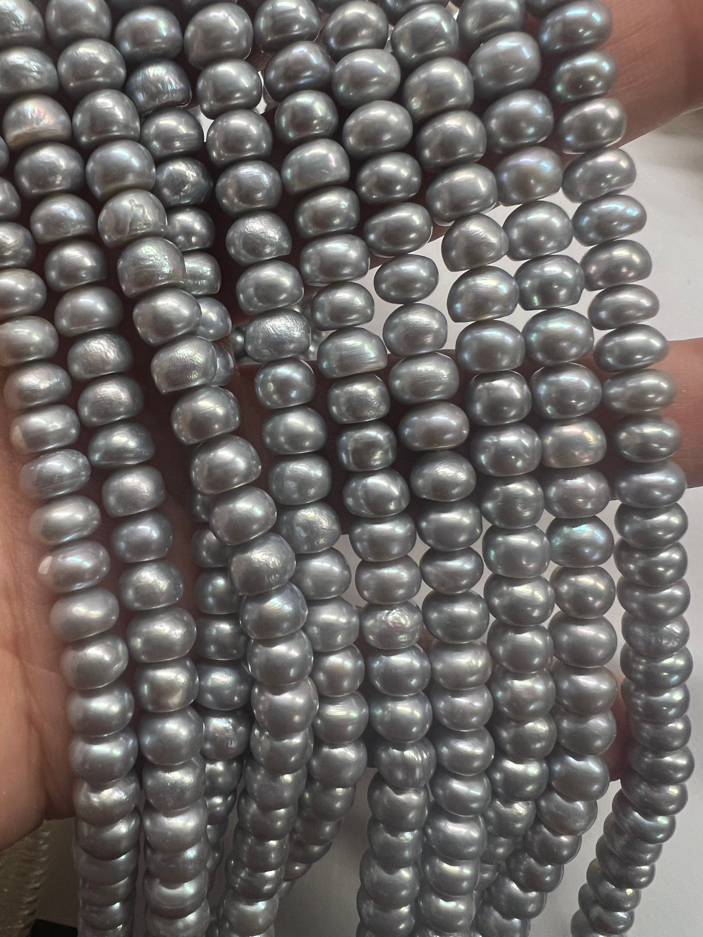 AA 5.5X6.5mm Button Round Freshwater Pearl roundel Potato Pearl stunning luster Natural Silver Grey genuine pearl 15'' Full Strand #RS3011S