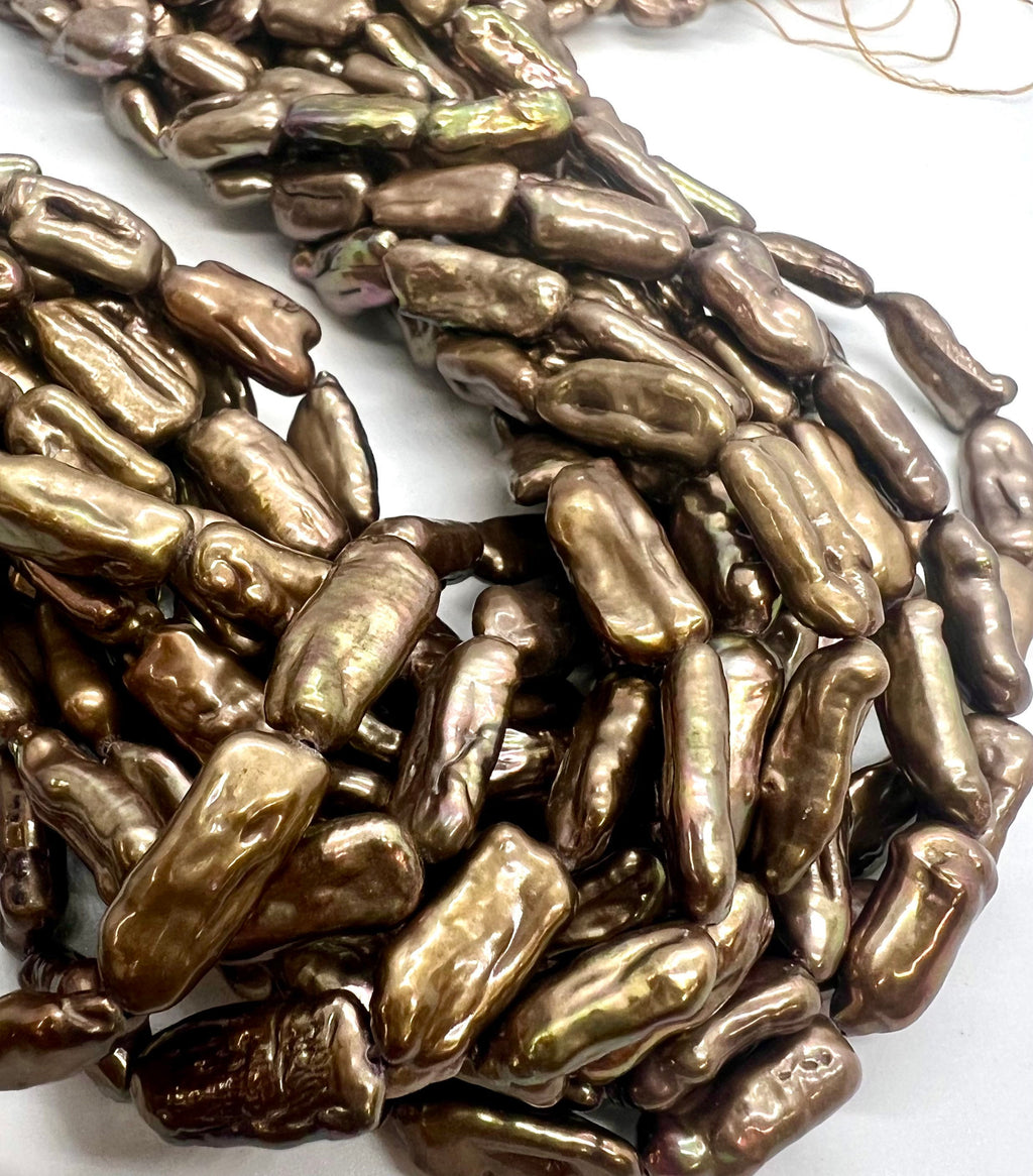 AAA Even7.5X18MM Biwa Pearl Dove chocolate brown pearl, Bronze copper brown pearl stick  full strand 15" 25pc beads  #KC5044---New Sale