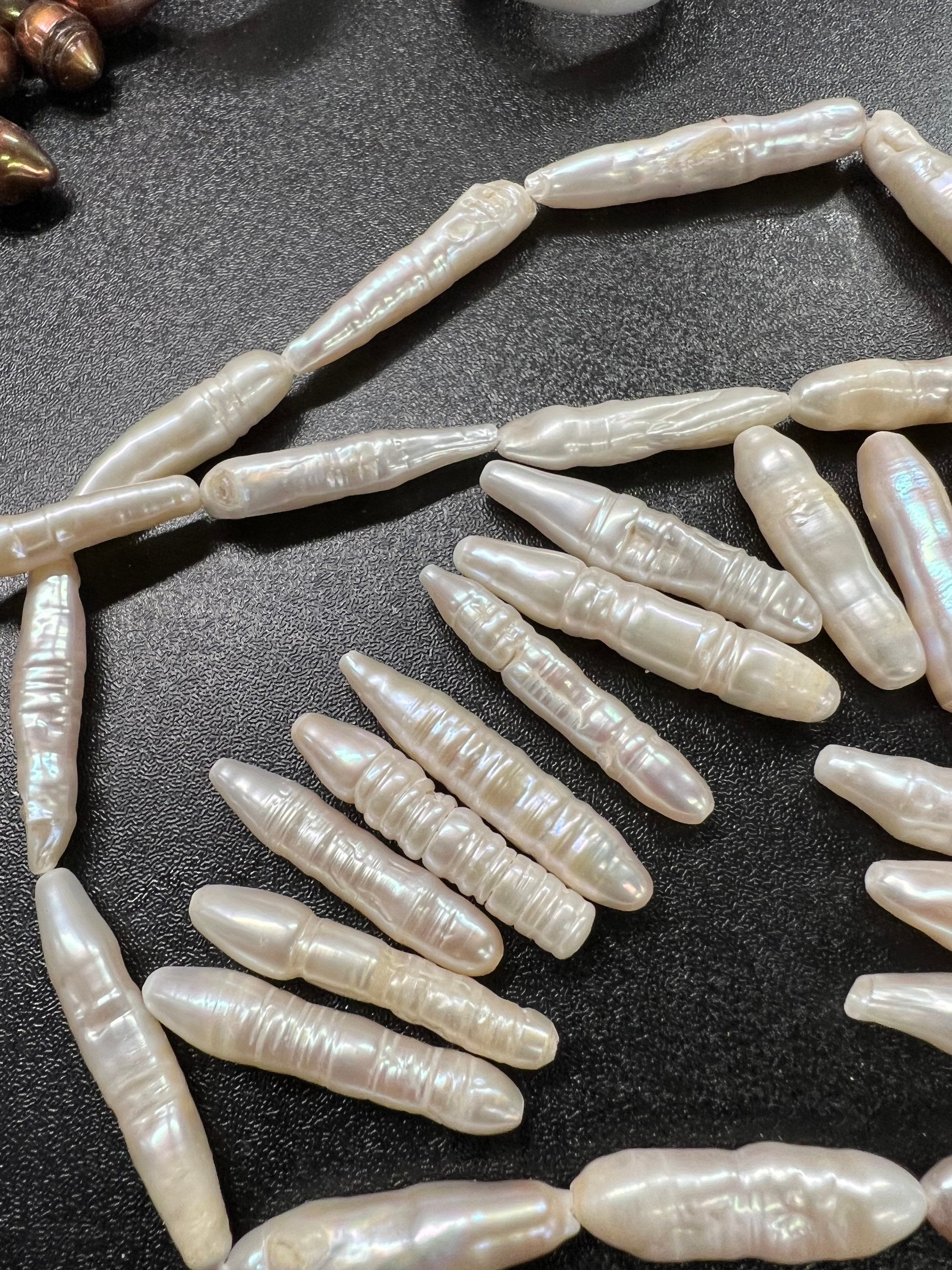 Rare 2Pc, 28-33mm X6-8mm long stick Biwa Pearl Beads, skinny Ivory White baroque biwa stick, through drill, Imperfect Beauty #KC5046 New