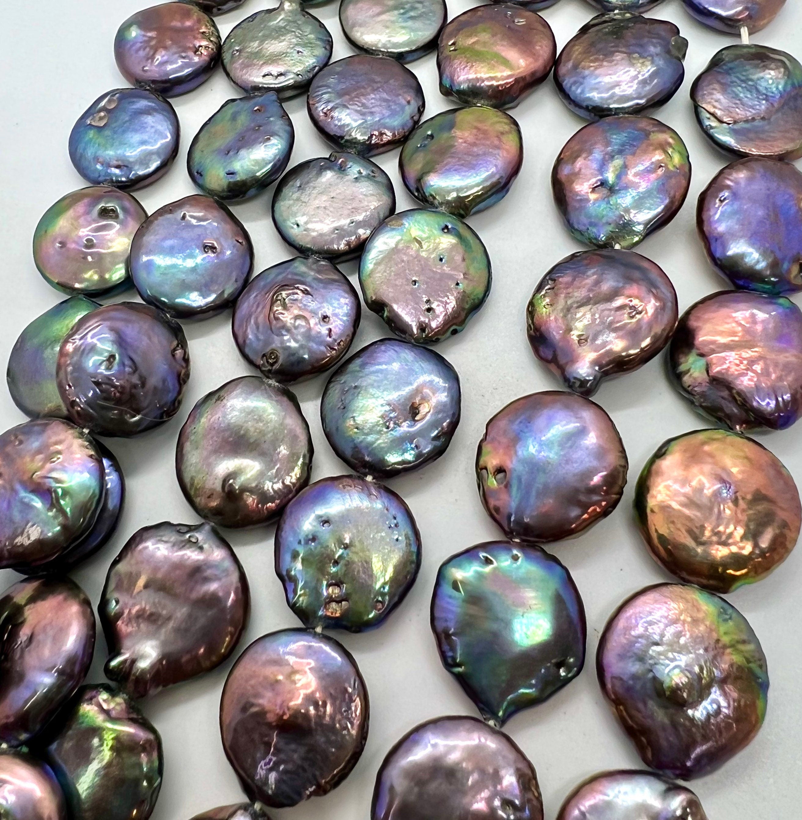 A~AA Large 16-17mm Coin Pearl, 15" full strand 22pc or 6pc short strand, Rainbow Peacock blue metallic tone Genuine coin pearl, KC3038