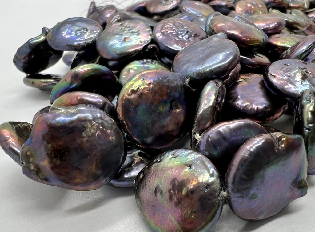 A~AA Large 16-17mm Coin Pearl, 15" full strand 22pc or 6pc short strand, Rainbow Peacock blue metallic tone Genuine coin pearl, KC3038