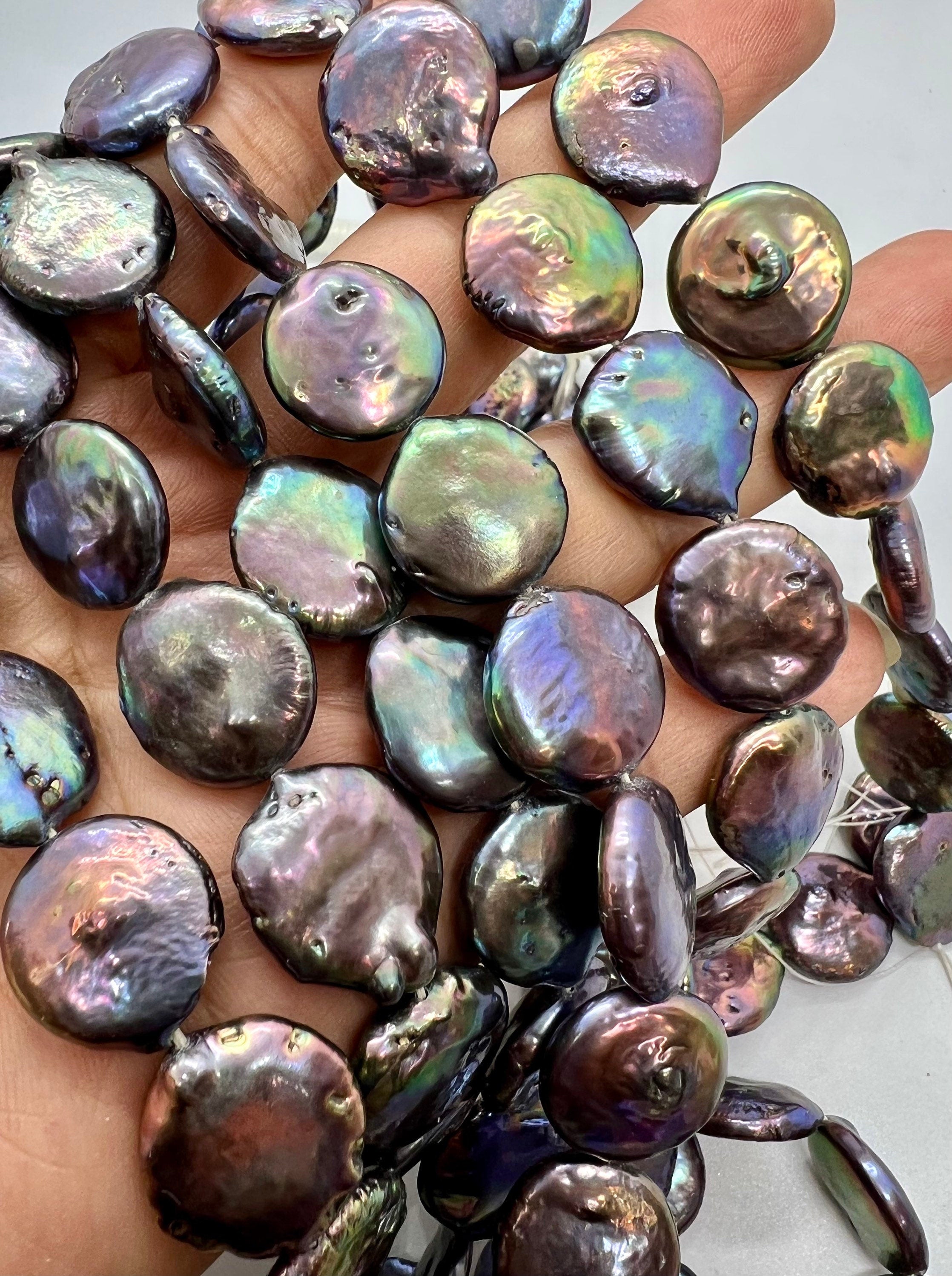 A~AA Large 16-17mm Coin Pearl, 15" full strand 22pc or 6pc short strand, Rainbow Peacock blue metallic tone Genuine coin pearl, KC3038