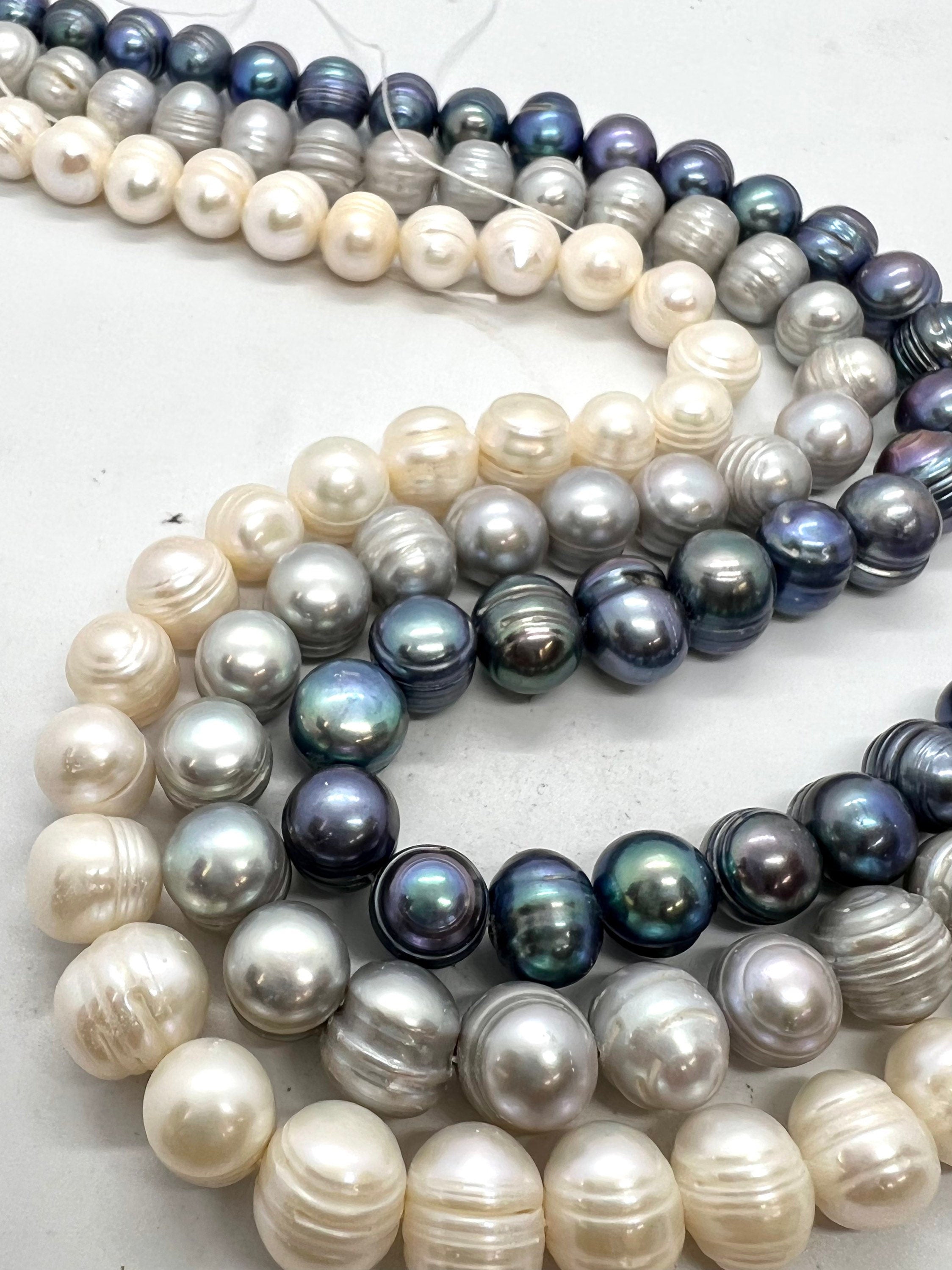 10mm Round Baroque Pearl, 14-15" full strand Ivory white peacock blue silver grey big round off freshwater pearl, 40+ pc pearl beads sale