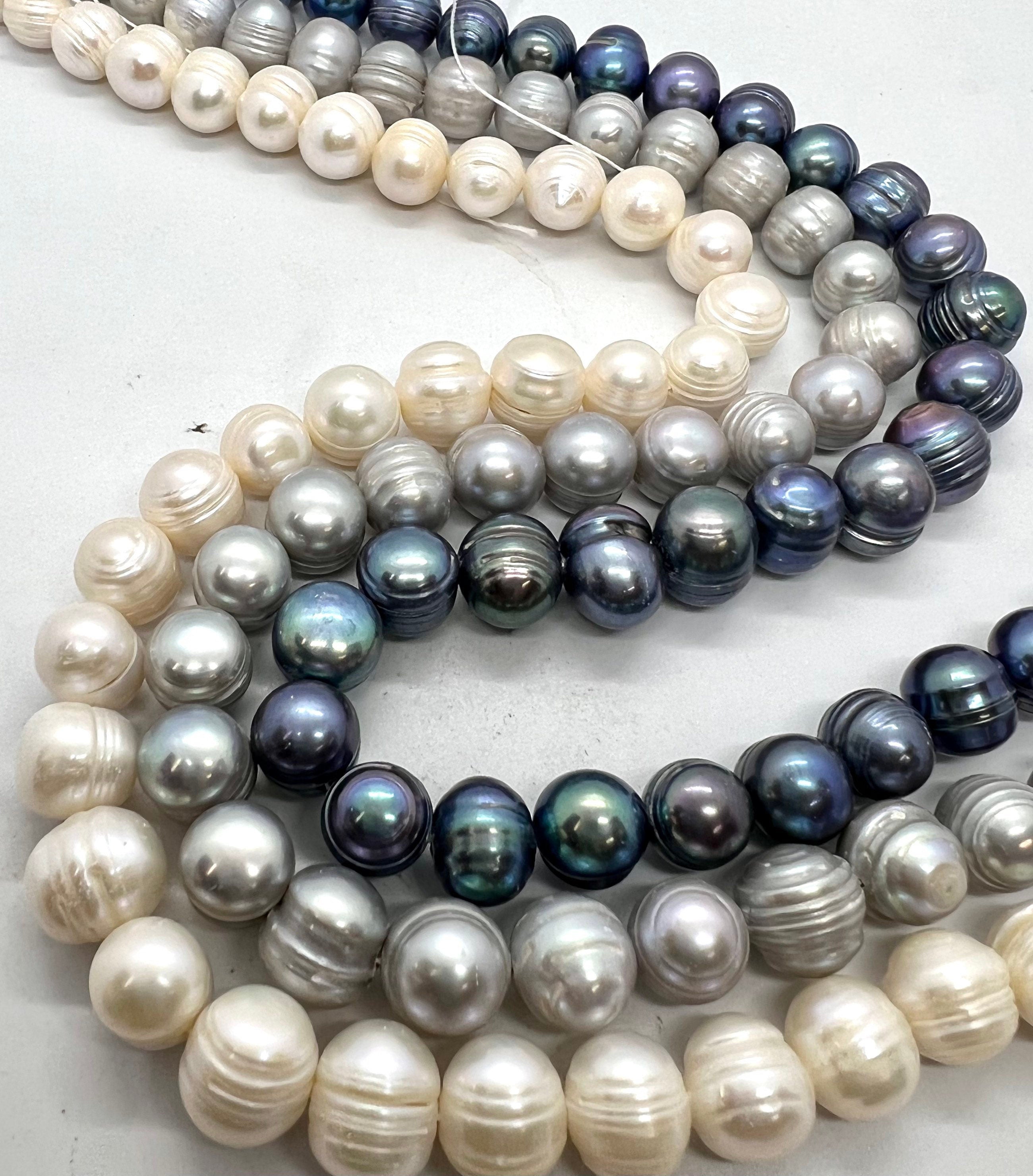 10mm Round Baroque Pearl, 14-15" full strand Ivory white peacock blue silver grey big round off freshwater pearl, 40+ pc pearl beads sale