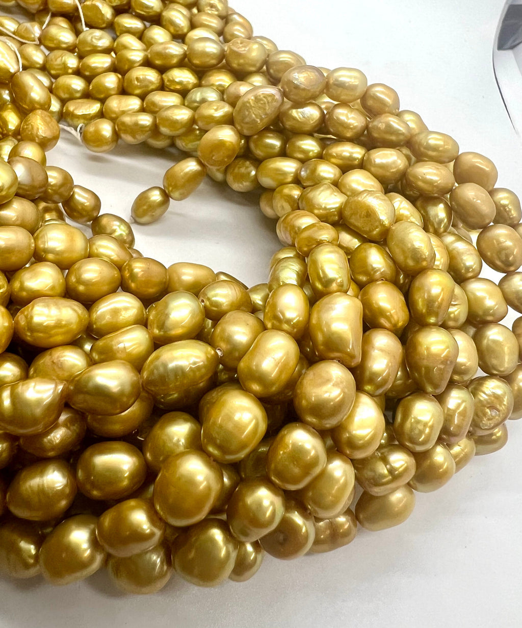 AA+ 7-8mmX8-10mm silk golden yellow Freshwater pearl mulandi yellow 15" full strand pebble nugget baroque rice pearl beads #BA4109Y NEW
