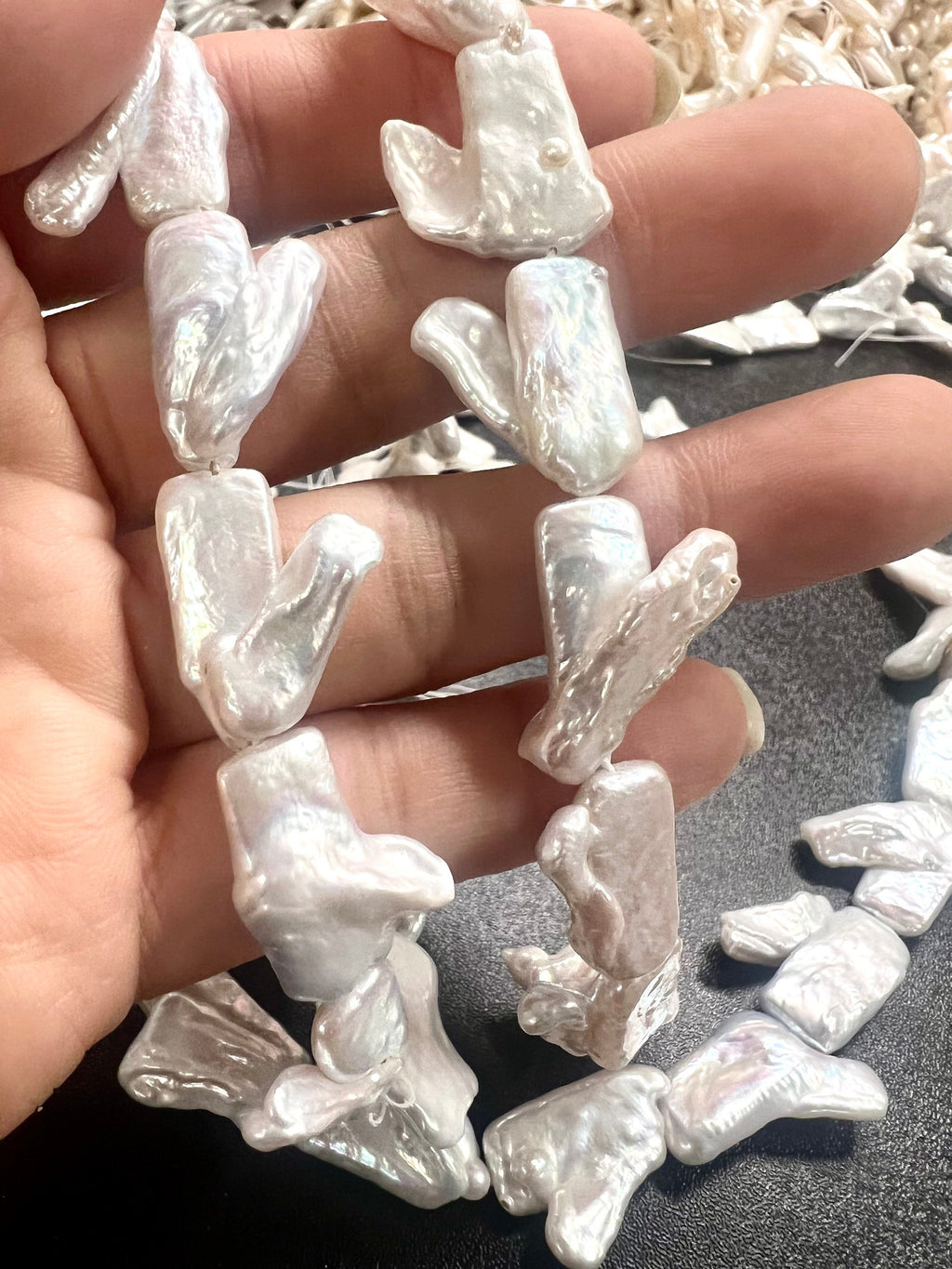 RARE Sum up Baroque Biwa, 22mm X 9MM mitten White Ivory baroque pearl stick, full strand 15" 18pc+ Biwa Pearl Beads #KC3032S---New Sale