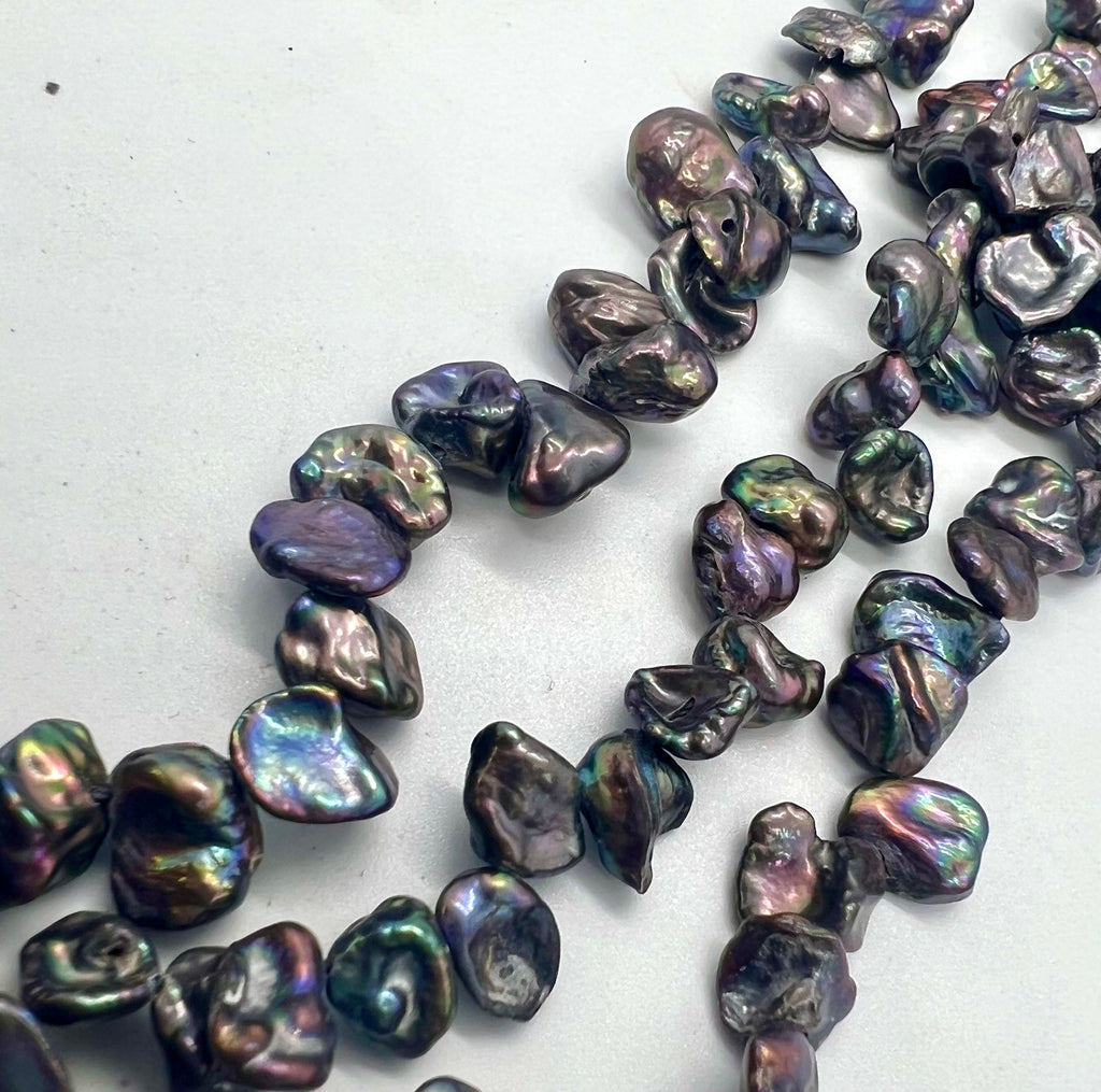 AA+ 7-8mmX9-10mm Briolette peacock black Keshi Pearls, Top Drilled Dancing pearl, 15" full strand 82+ pcs BRIOLETTE Beads, NEW deal K3012P
