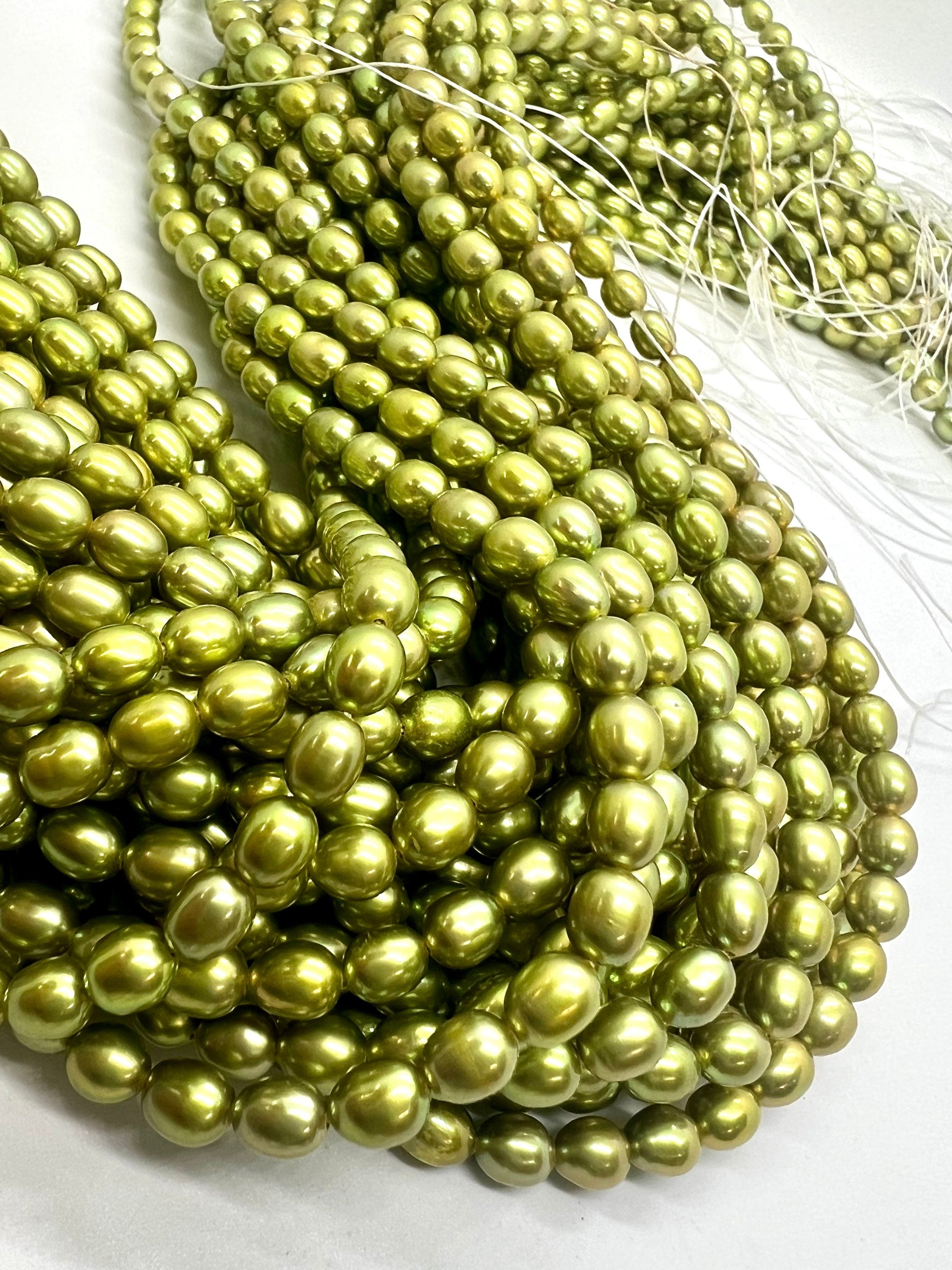 AAA+ gem quality 5mmX6mm Rice Oval Pearl, 16" full strand Stunning olive green Freshwater pearl 65+ pc loose pearl beads #DR3206 New SALE
