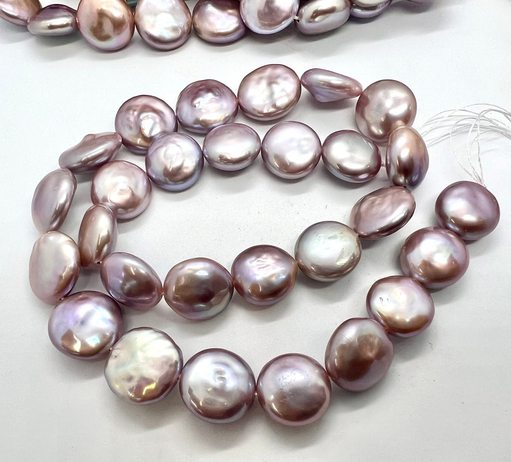 WOW AAA+ top gem quality Large 13-15mm Coin Pearl, Rare Natural Mauve Pink purple metallic tone Super Luster Smooth Thick Coin Pearl KC3033A