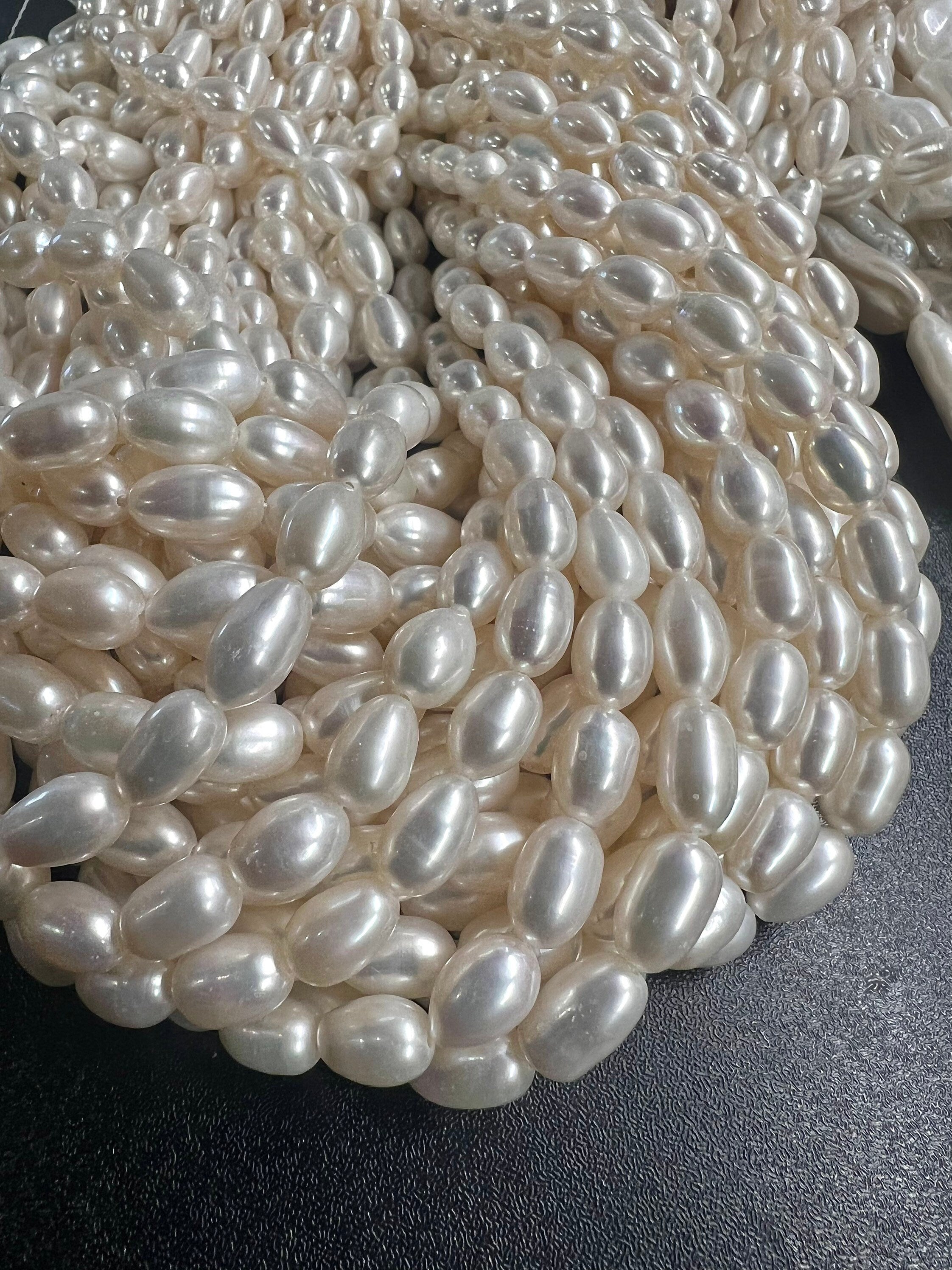 AA+ quality long 6.5MMX 9-10mm White Ivory Rice oval freshwater Pearl, 14" full strand stunning luster genuine pearl beads--New SALE #DR3048