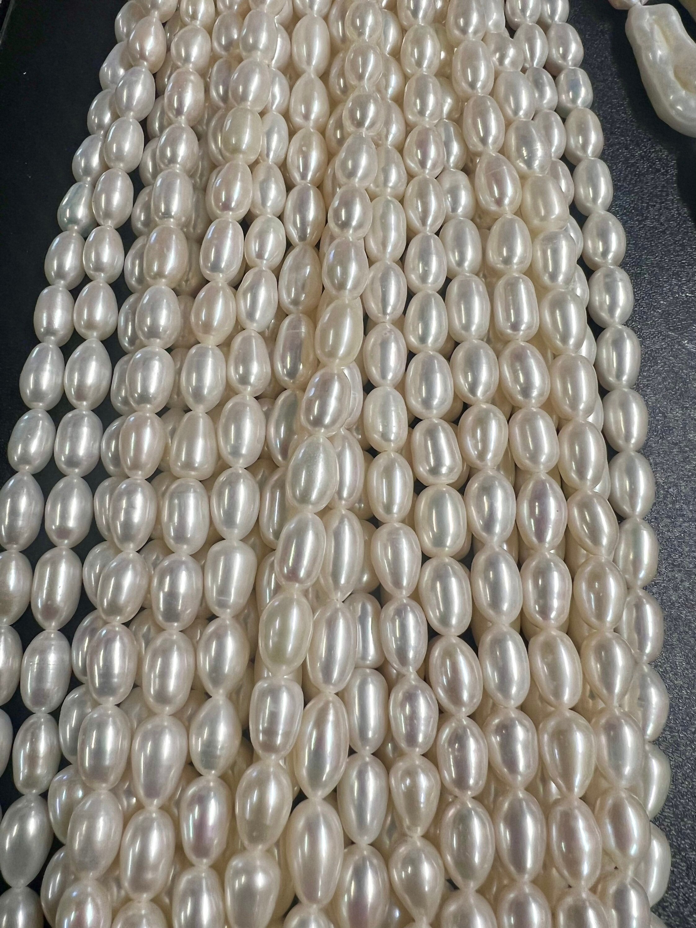AA+ quality long 6.5MMX 9-10mm White Ivory Rice oval freshwater Pearl, 14" full strand stunning luster genuine pearl beads--New SALE #DR3048
