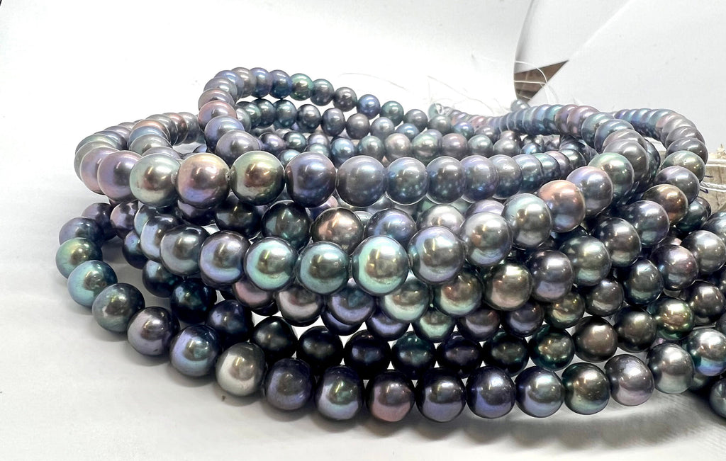 AAA+ Top quality 7-8mm Rare metallic Rainbow Peacock Round Freshwater Pearl, Genuine Tahiti Peacock blue Cultured Pearl 15" Strand #RS2107A